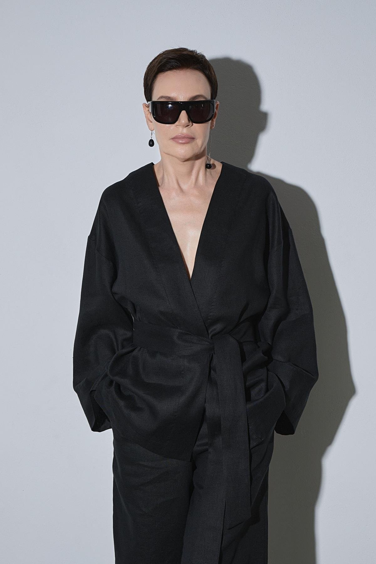 Siyah %100 Keten Eleni Kimono