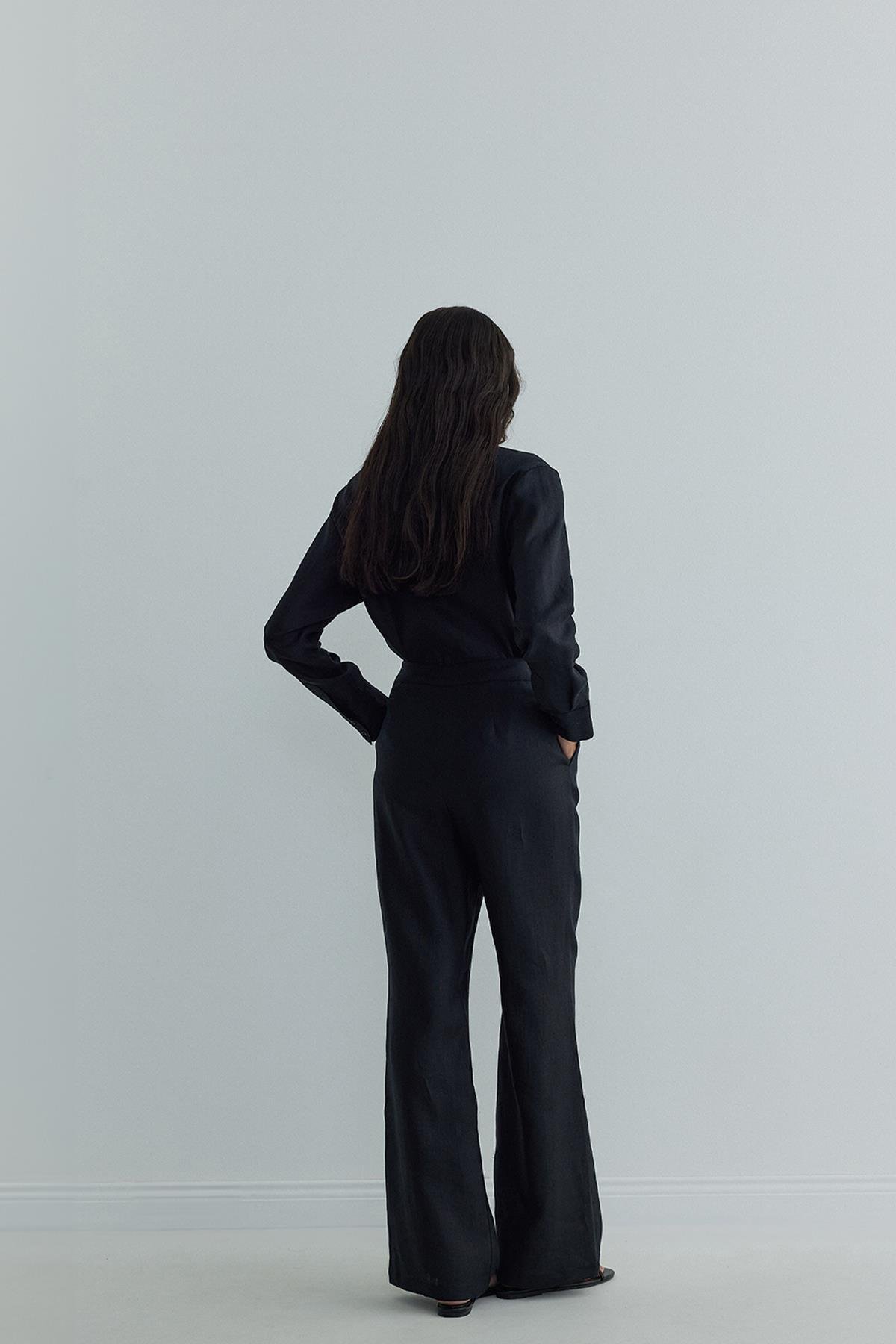 Siyah %100 Keten Mill Cepli Pantolon