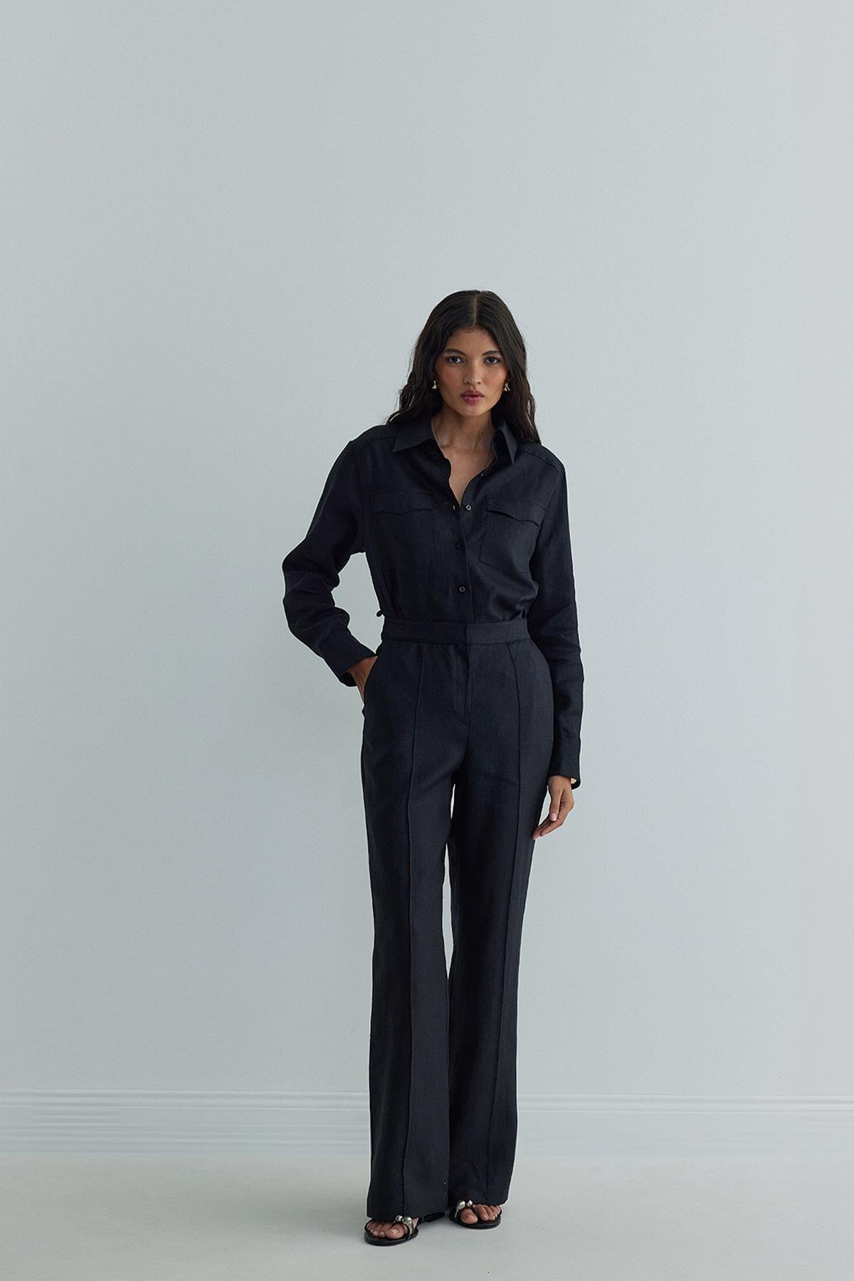 Siyah %100 Keten Mill Cepli Pantolon