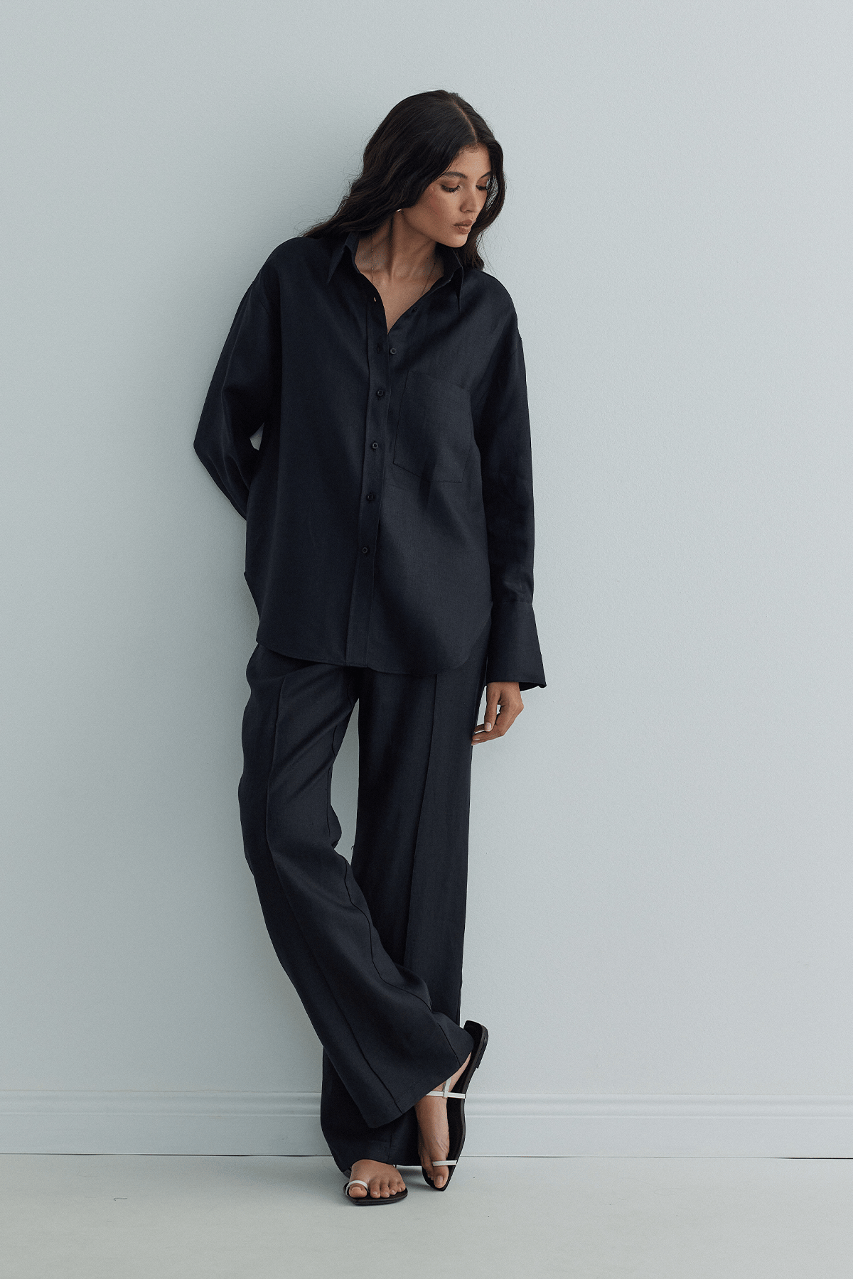 Siyah %100 Keten Mill Cepli Pantolon