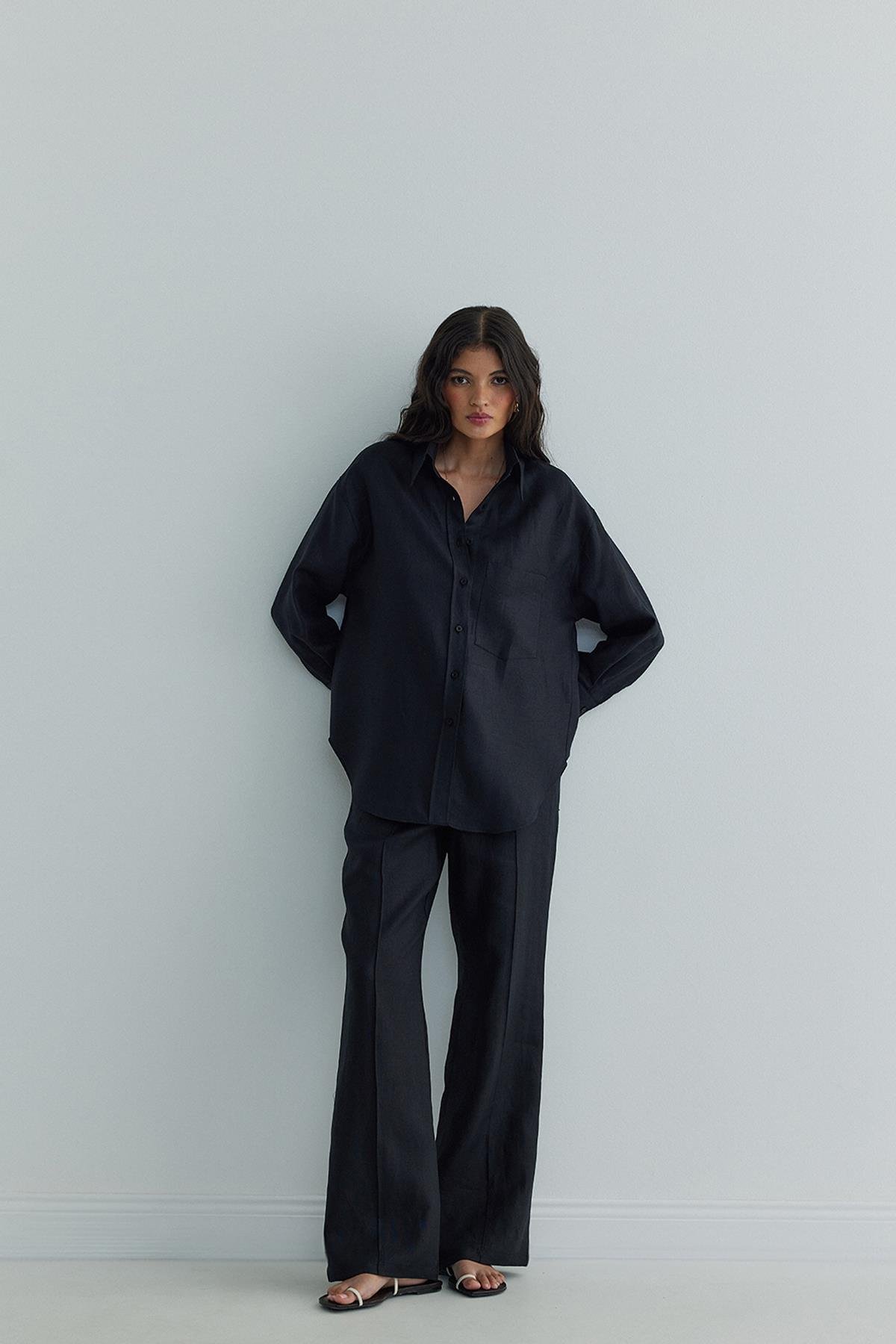 Siyah %100 Keten Mill Cepli Pantolon