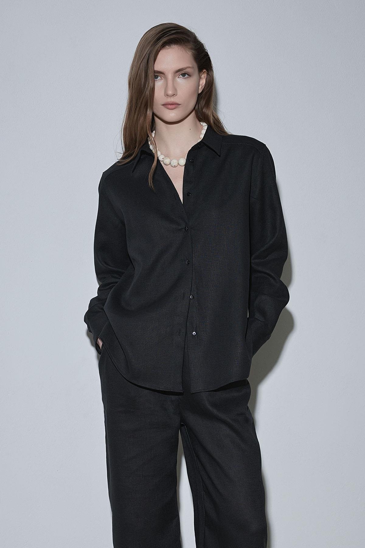 Siyah %100 Keten Nora Gömlek