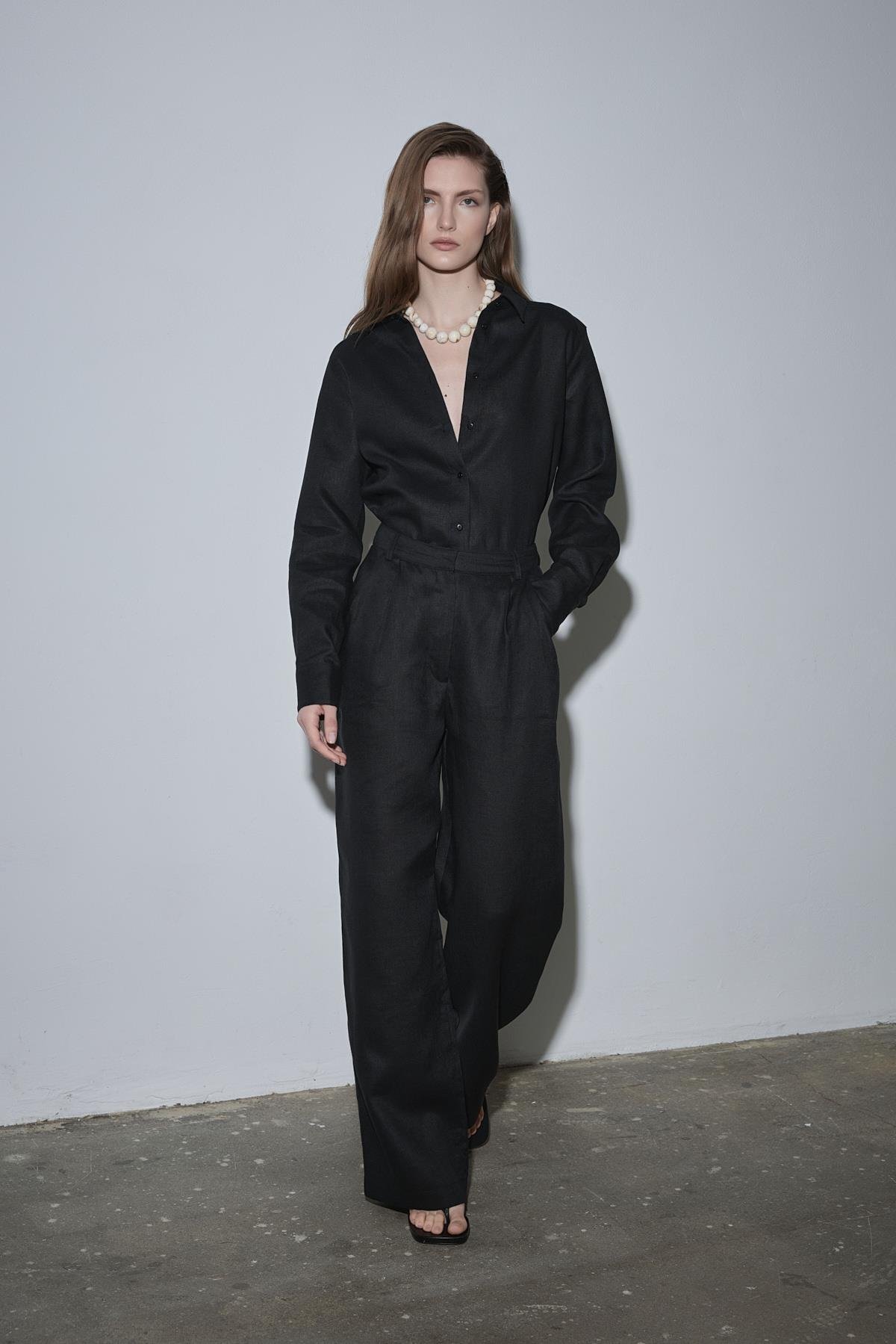 Siyah %100 Keten Nora Pileli Pantolon