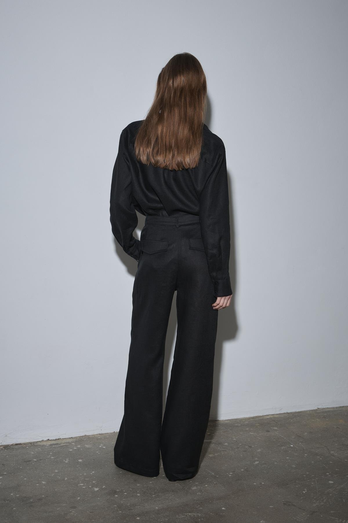 Siyah %100 Keten Nora Pileli Pantolon
