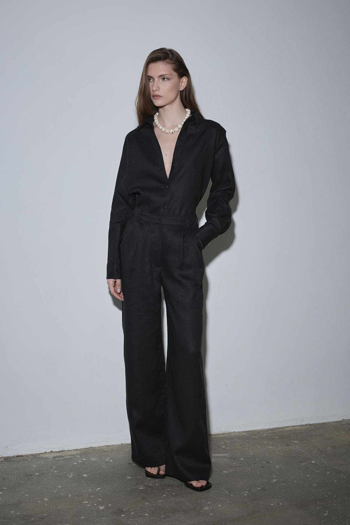 Siyah %100 Keten Nora Pileli Pantolon