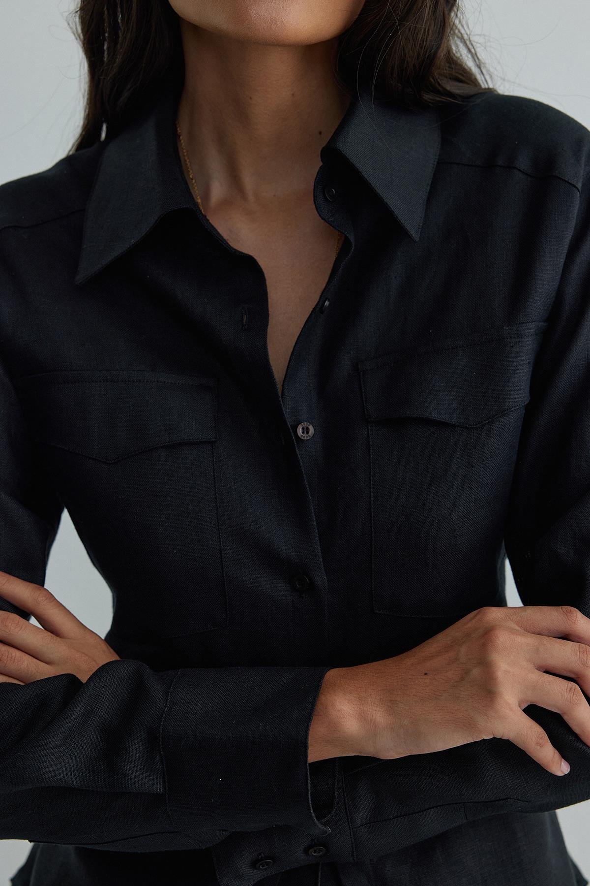 Siyah %100 Keten Oyster Beli Kemerli Gömlek