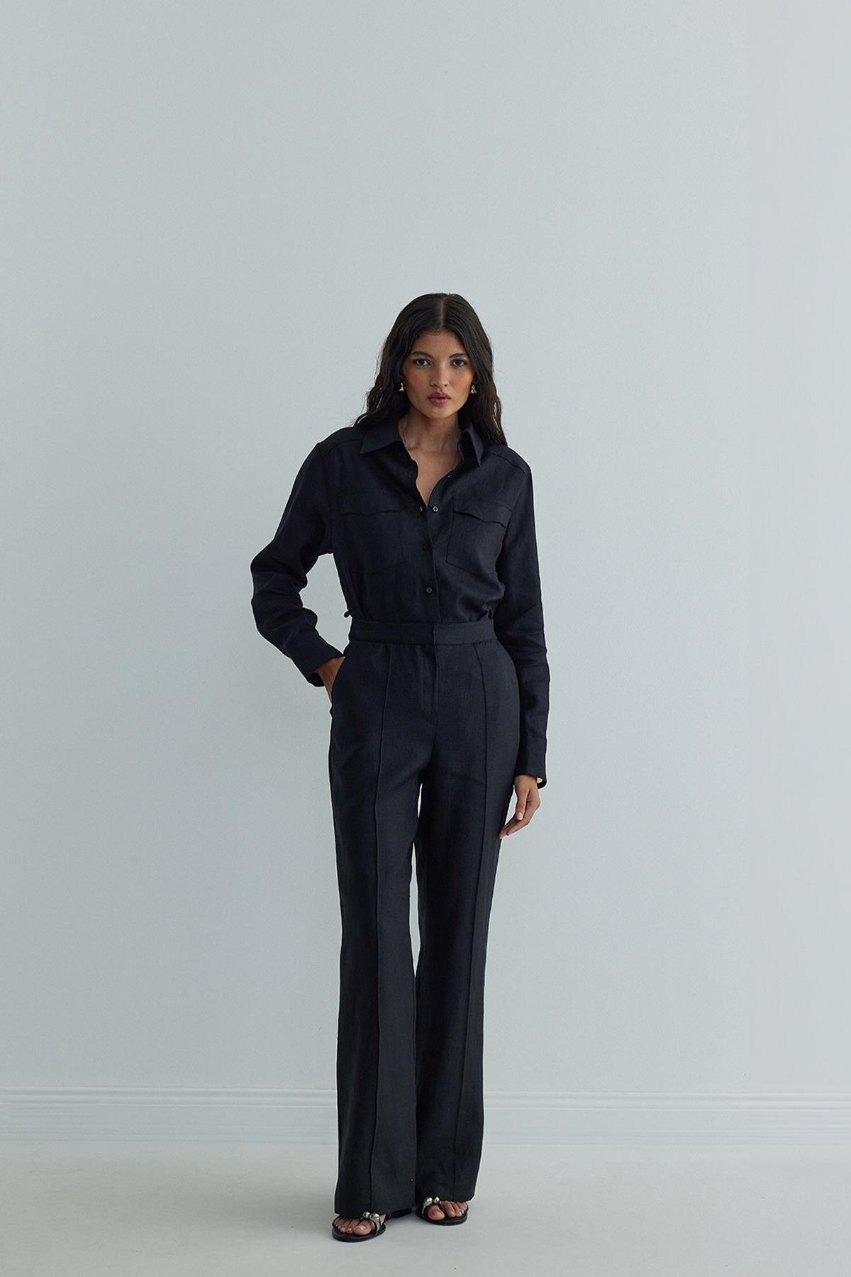 Siyah %100 Keten Oyster Beli Kemerli Gömlek