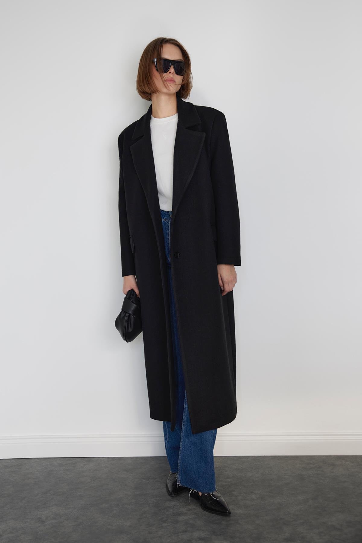 Siyah Ari Kruvaze Maxi Kaşe Kaban