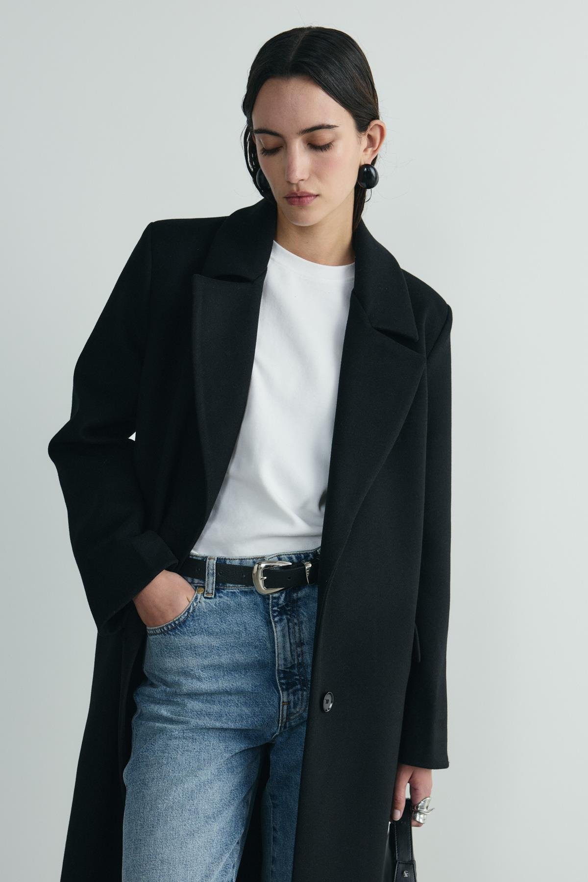 Siyah Ari Kruvaze Maxi Kaşe Kaban