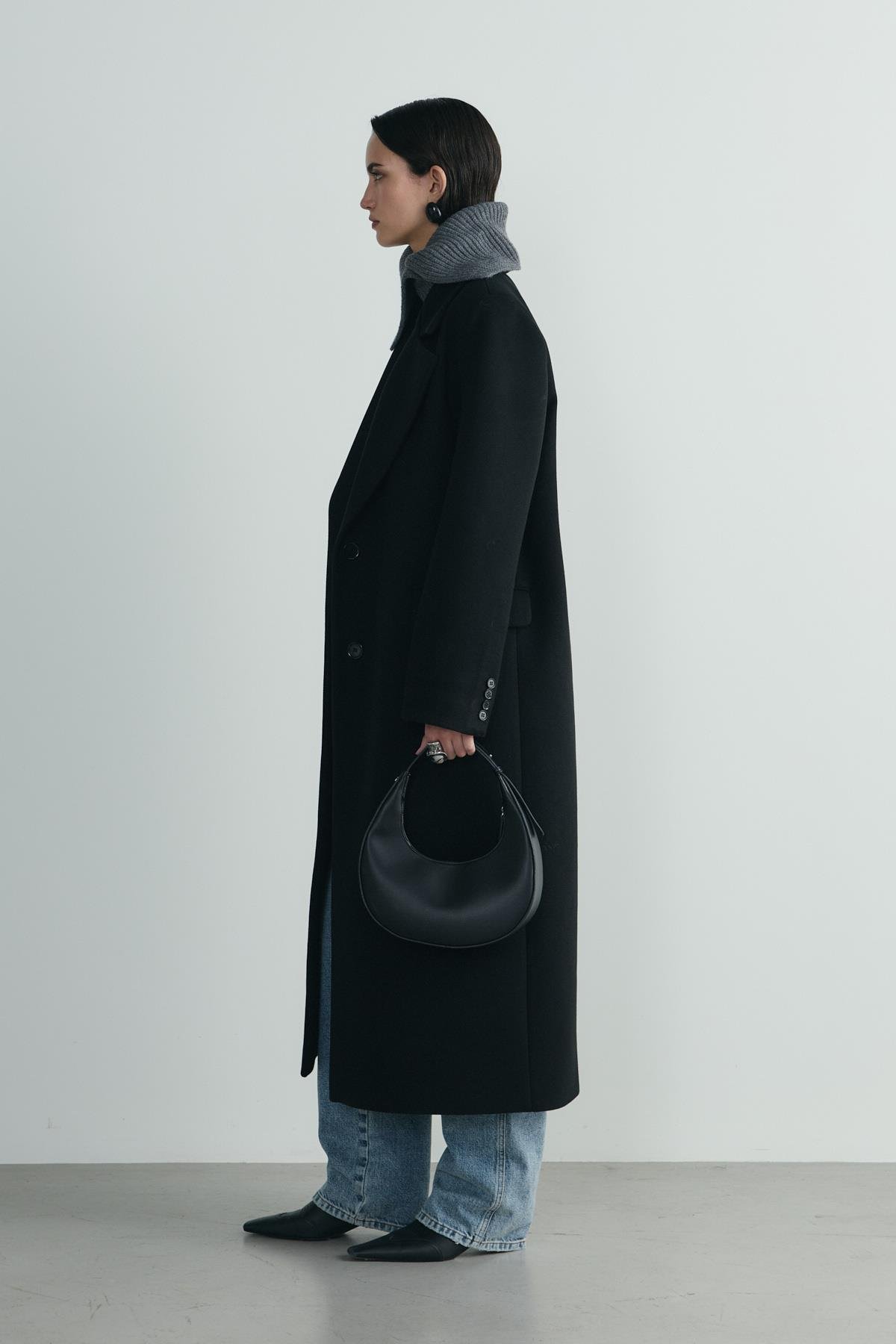 Siyah Ari Kruvaze Maxi Kaşe Kaban