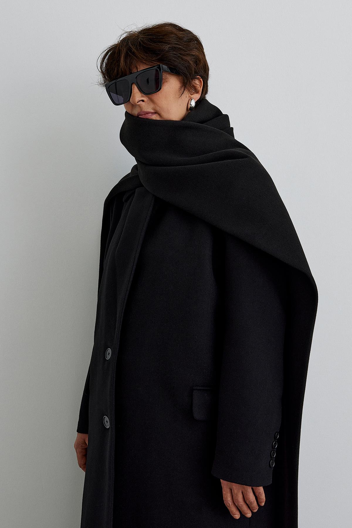 Siyah Ari Kruvaze Maxi Kaşe Kaban