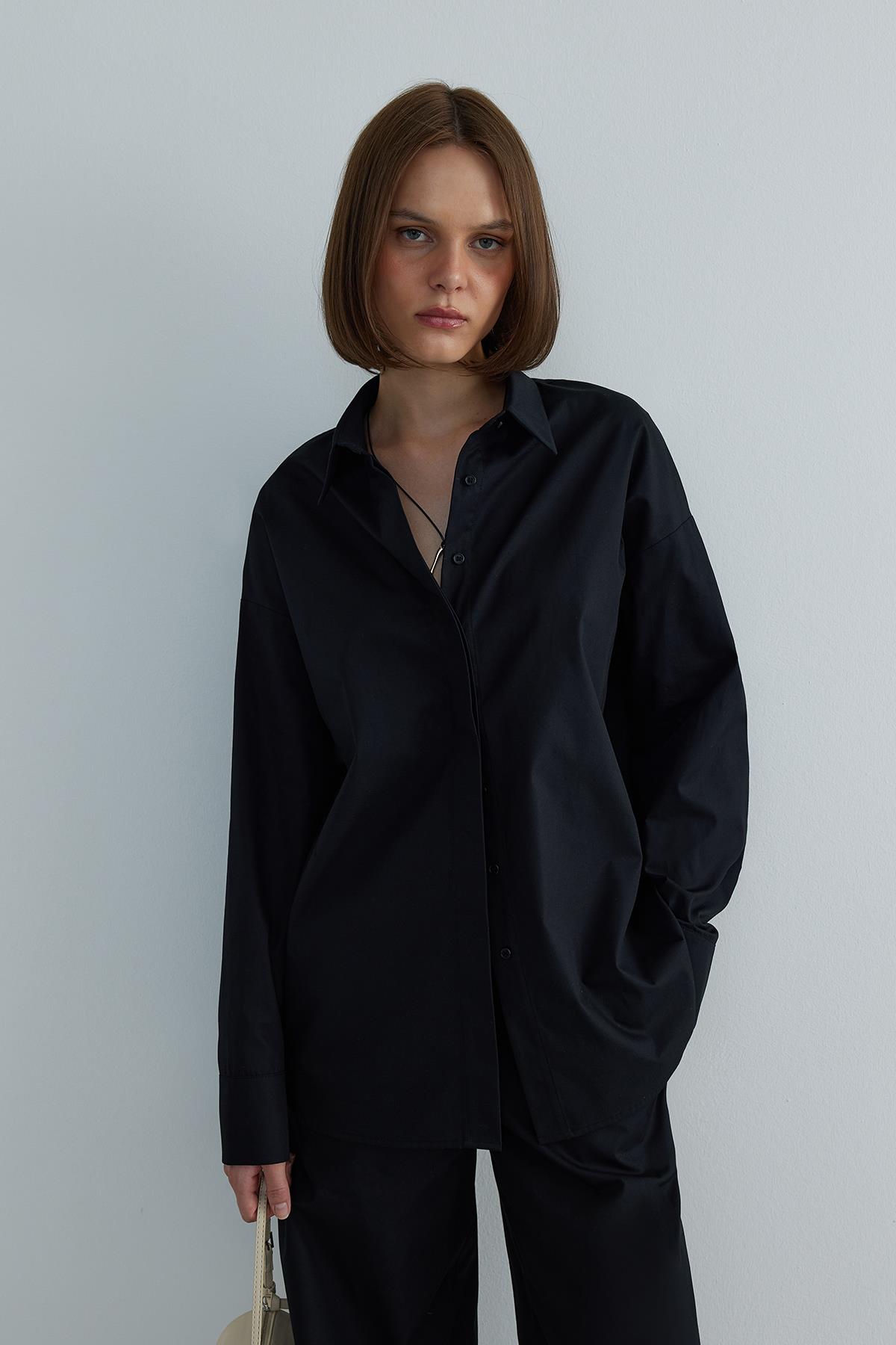 Siyah Basic Oversize Gömlek