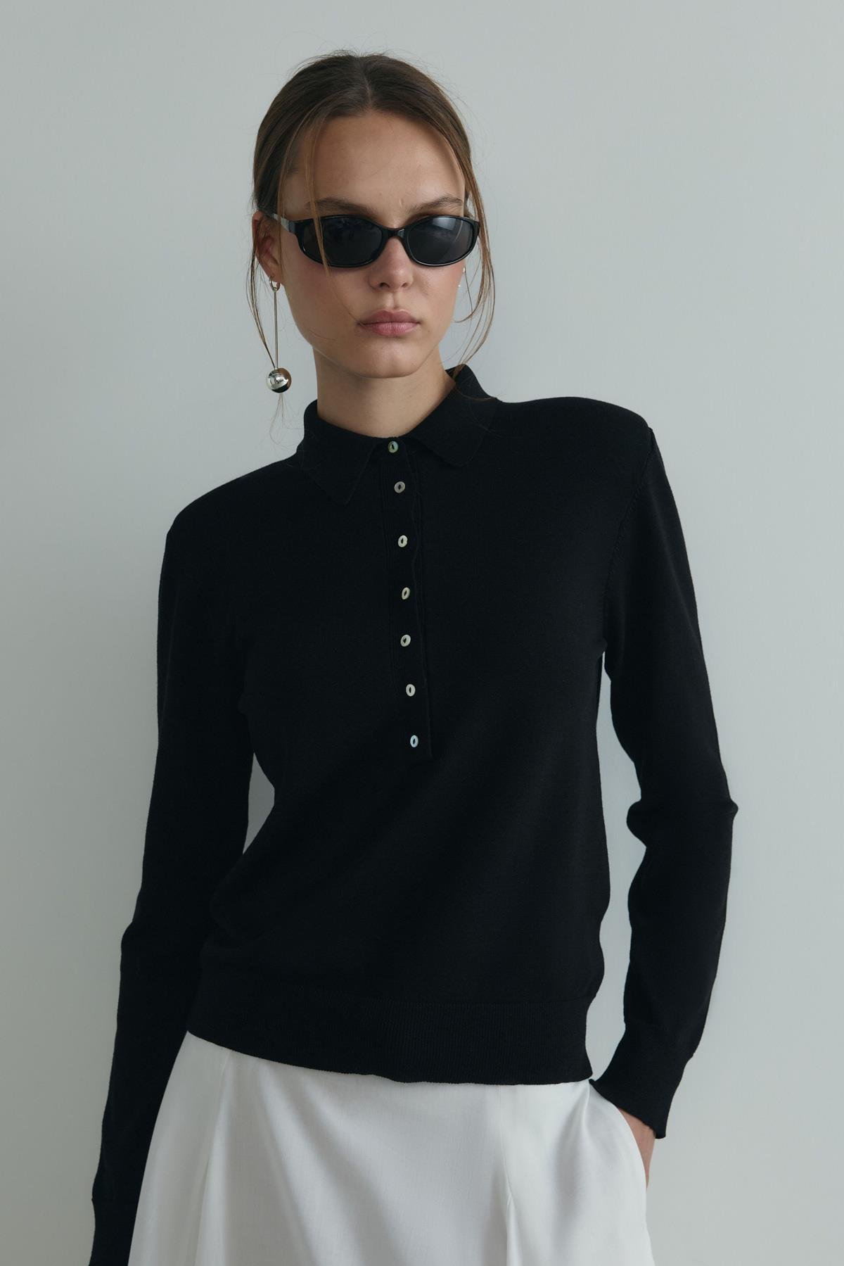 Siyah Carter Polo Yaka Triko Kazak