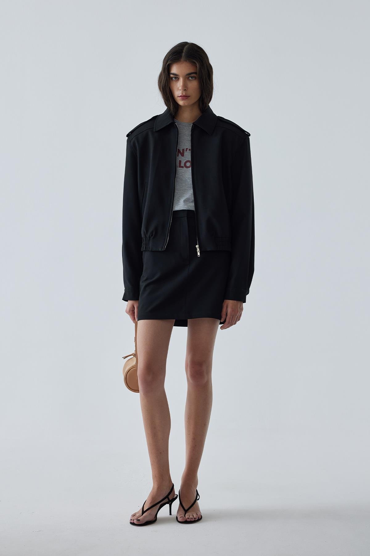 Siyah Cooper Crop Bomber Ceket