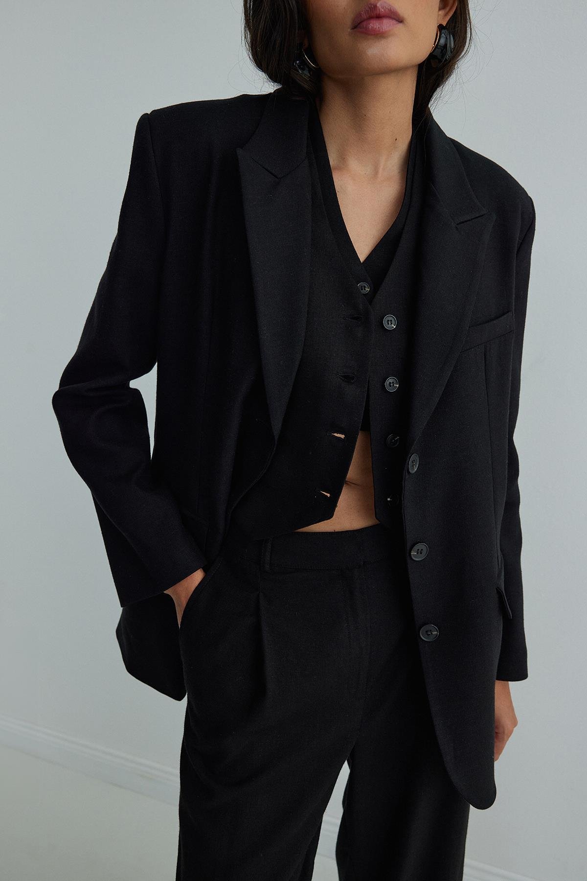 Siyah Gabriel Keten Blazer Ceket