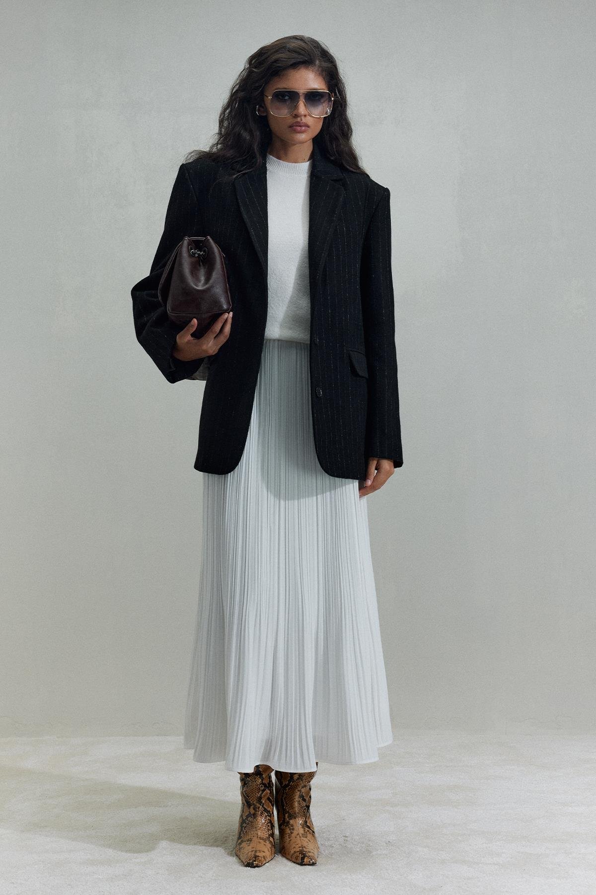 Siyah Gina Kaşe Uzun Ceket