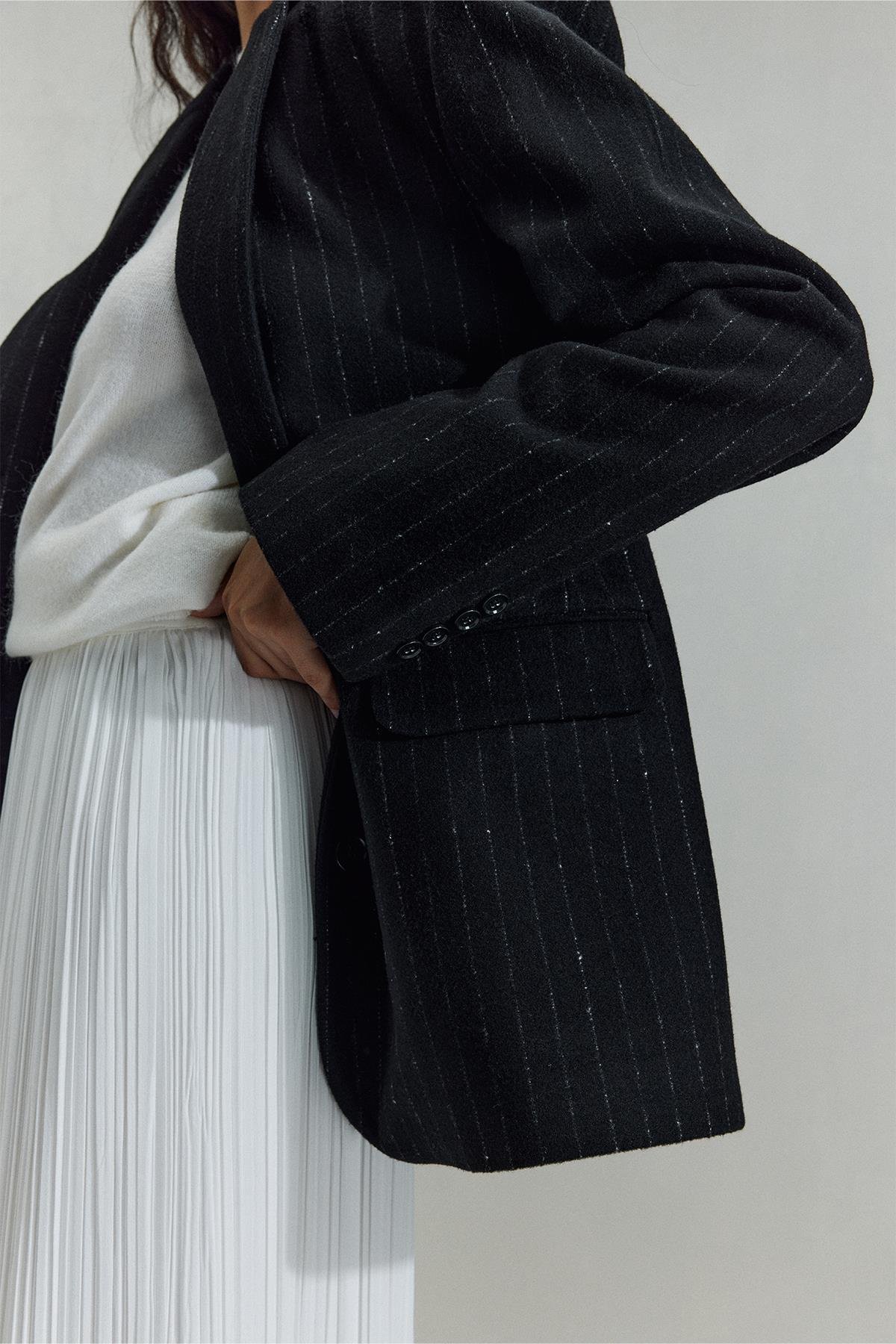 Siyah Gina Kaşe Uzun Ceket