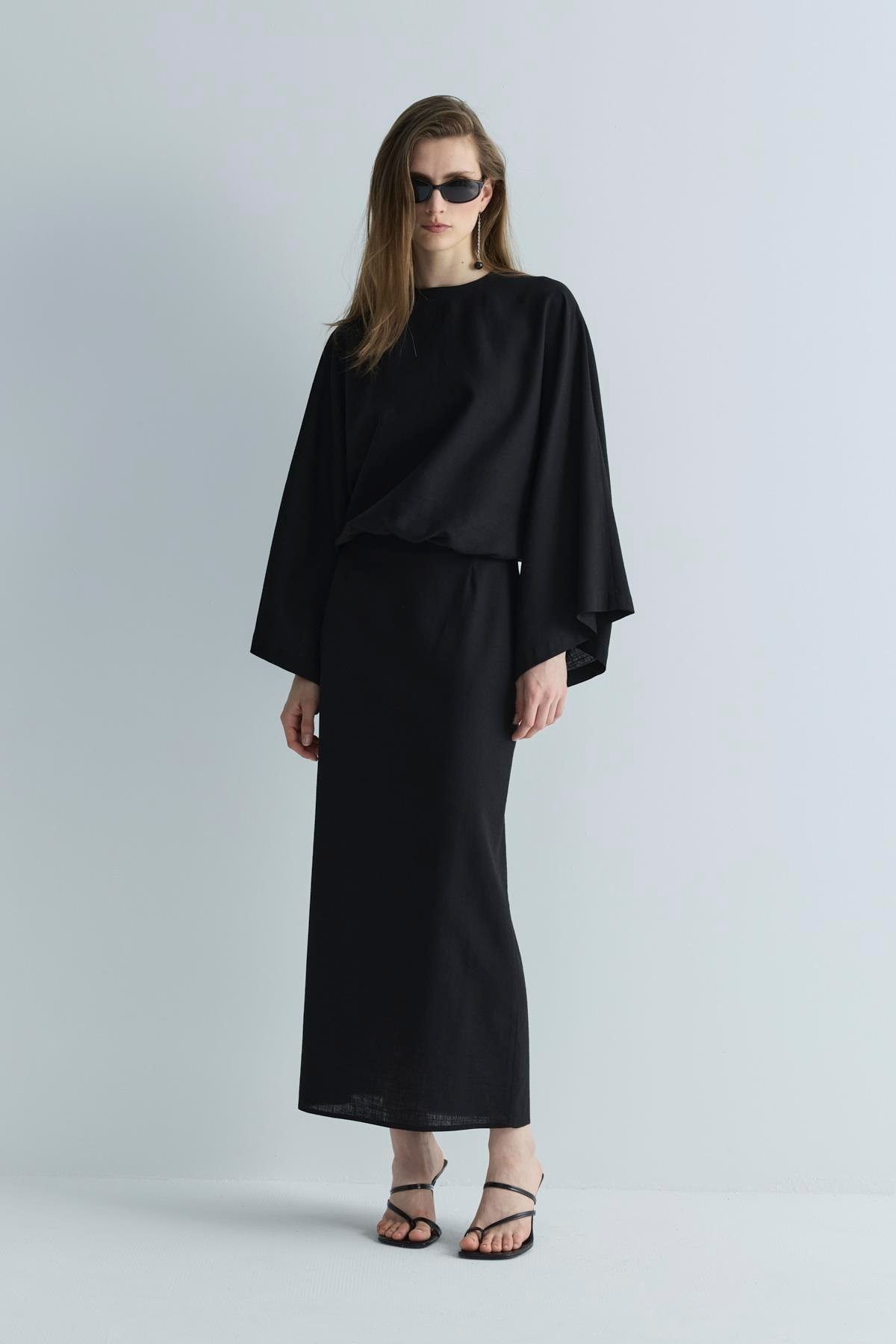 Siyah Jaylen Düz Kesim Keten Etek