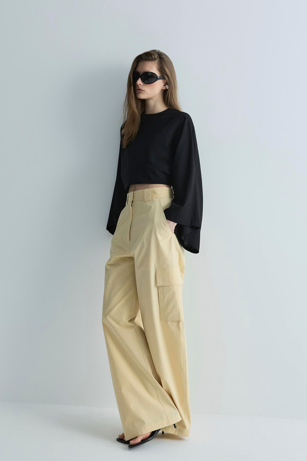 Siyah Jaylen Yarasa Kol Keten Bluz