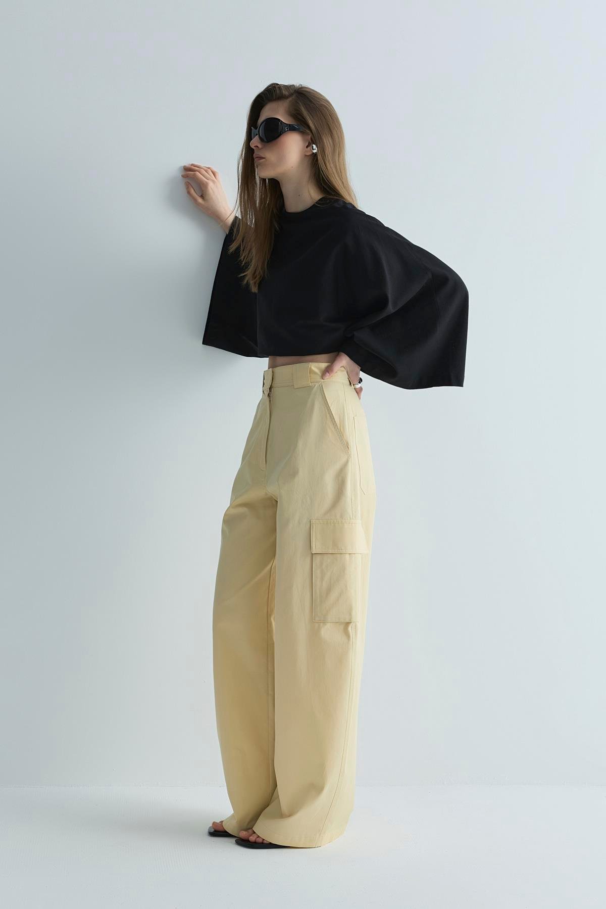 Siyah Jaylen Yarasa Kol Keten Bluz