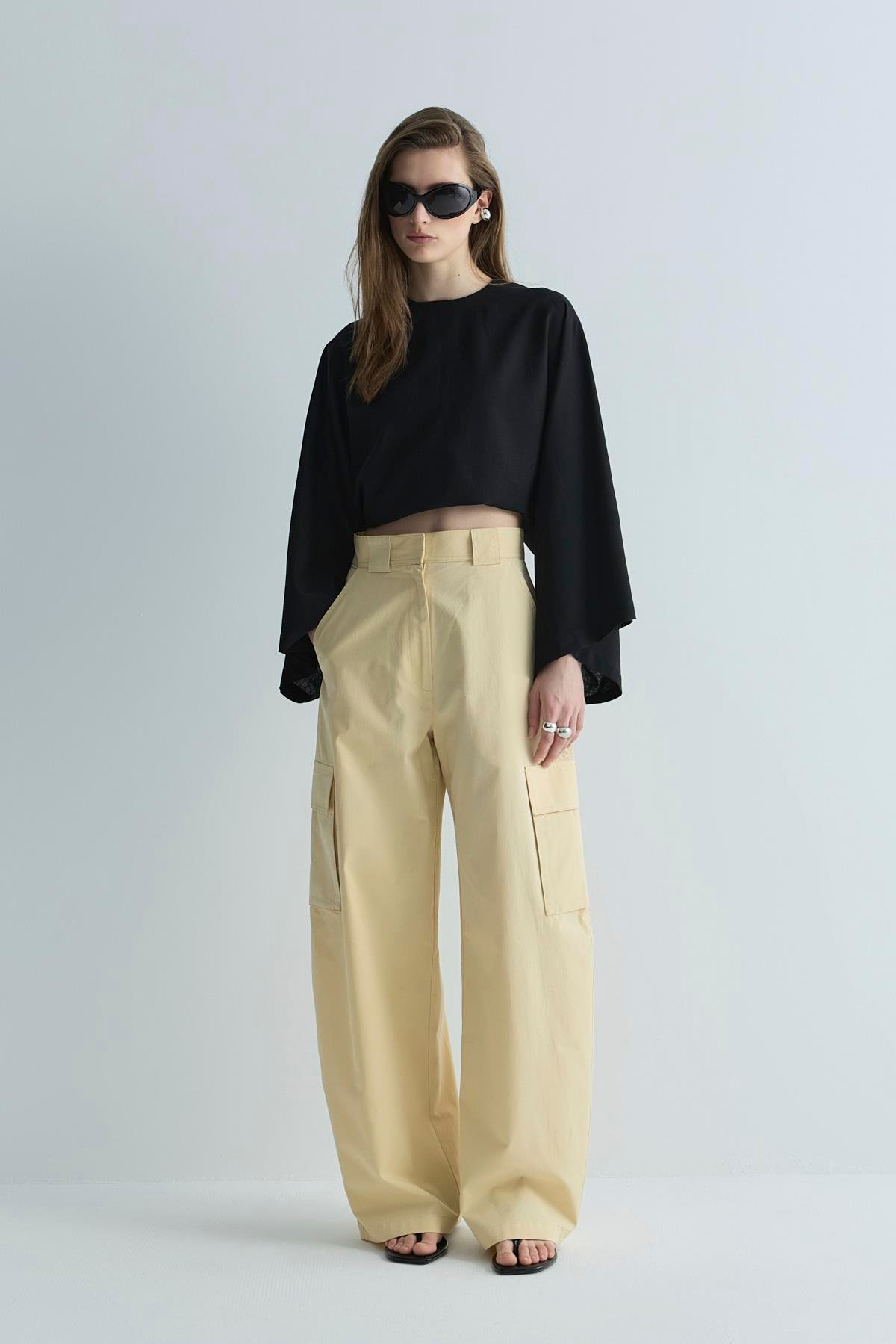 Siyah Jaylen Yarasa Kol Keten Bluz