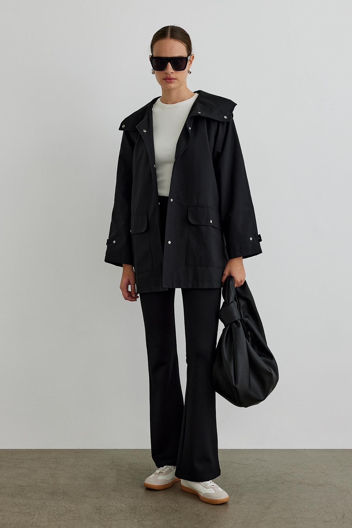 Black Josefine Hooded Midi Trench Coat