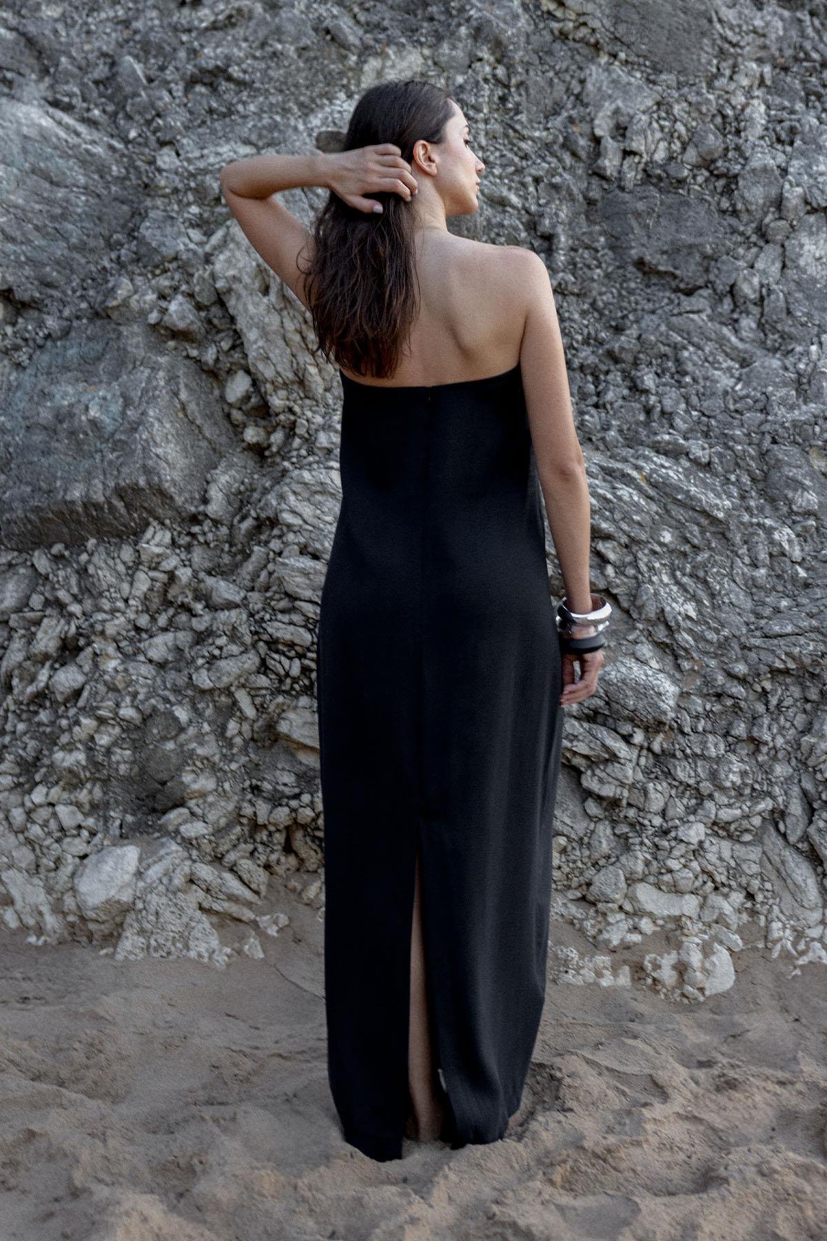 Siyah Kay Straplez Tensel Elbise