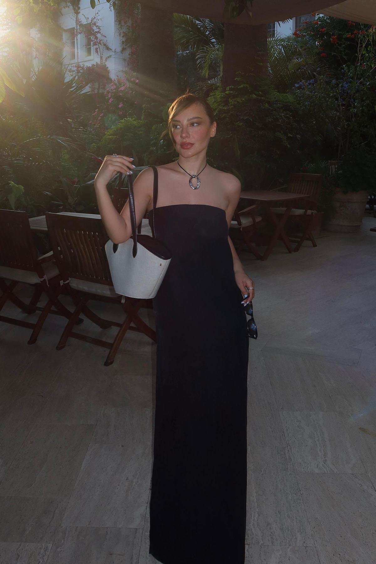 Siyah Kay Straplez Tensel Elbise