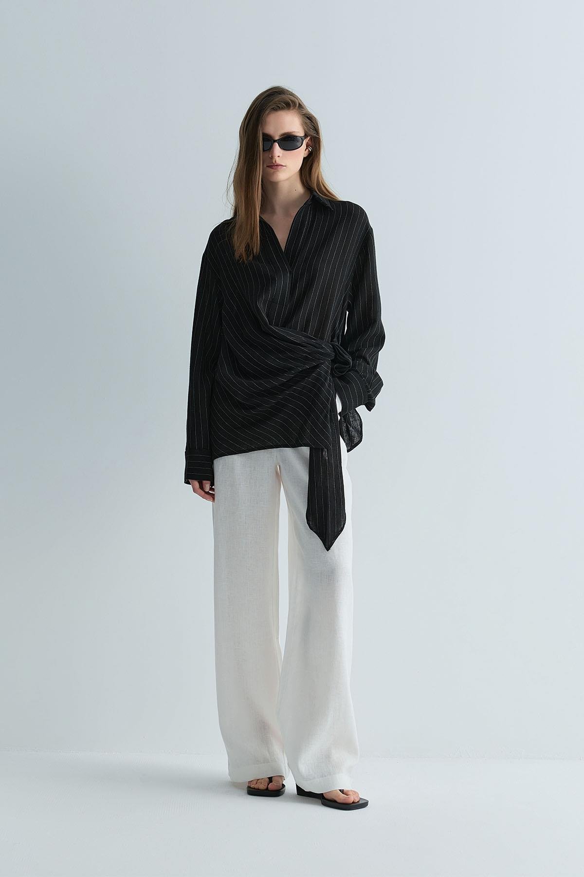 Siyah Lino Bağlamalı Keten Gömlek