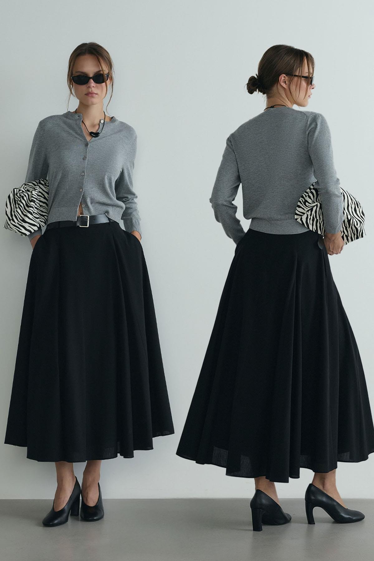 Siyah Liza Kemerli Etek