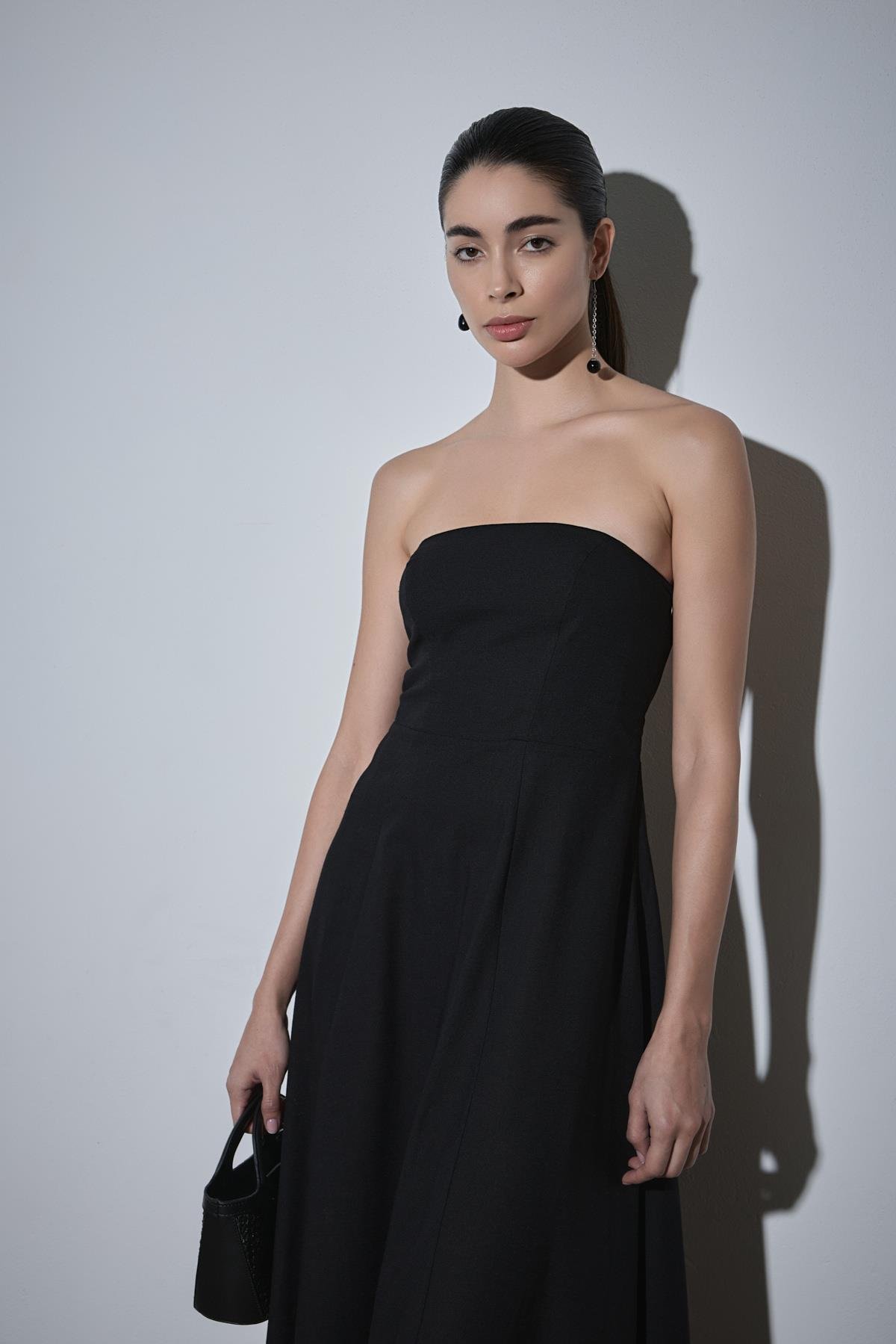 Siyah Melinda Askılı Keten Elbise