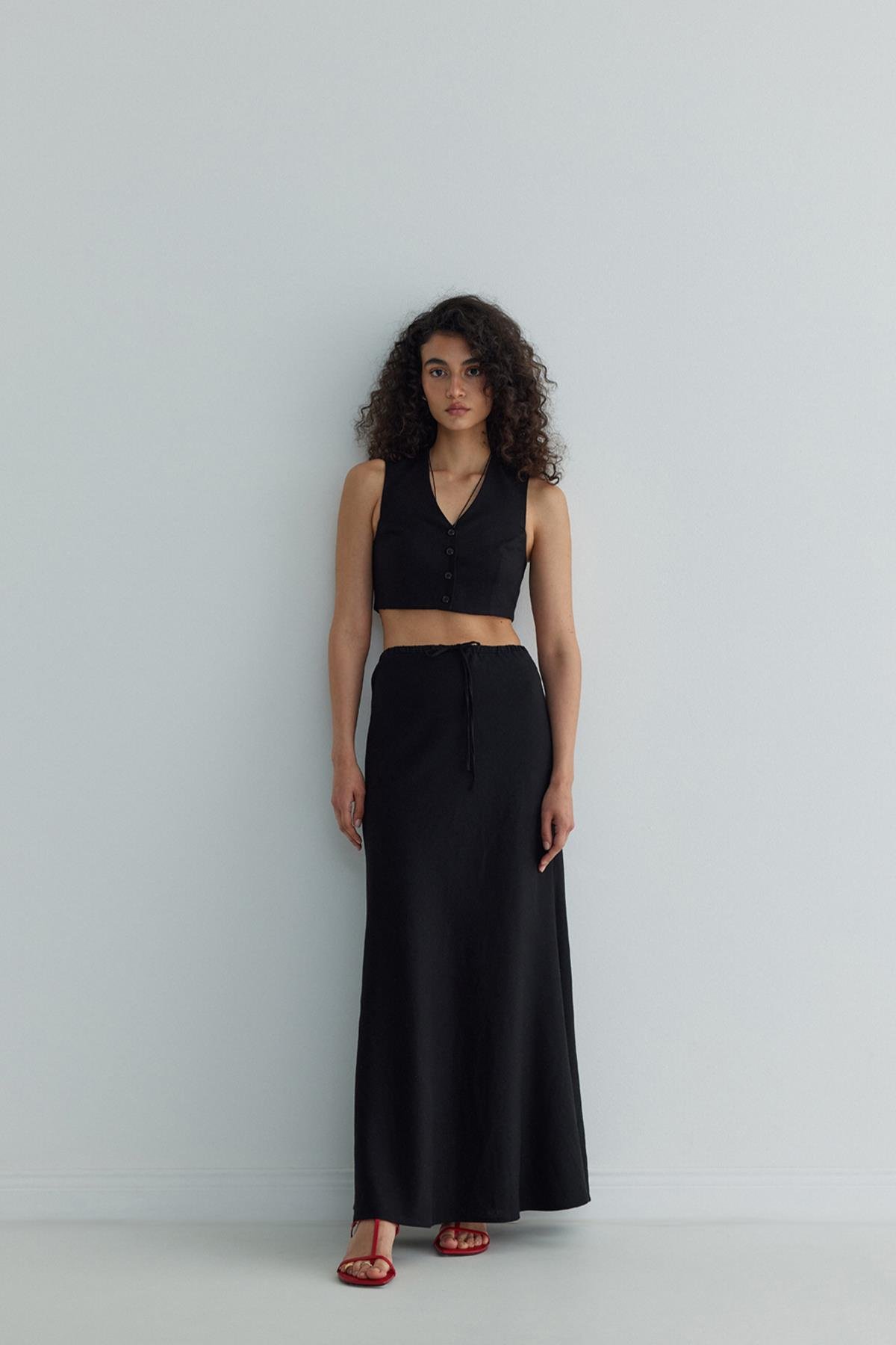 Siyah Merve Keten Maxi Etek