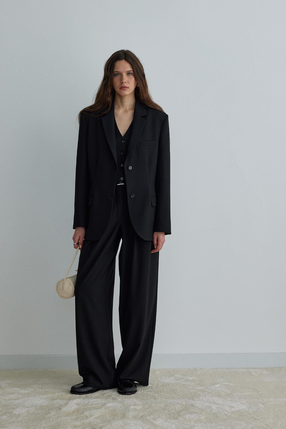 Black Mina Wide-Leg Trousers with Pleats