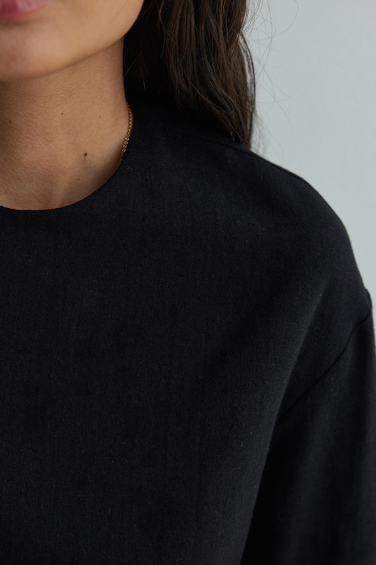 Siyah Mussel Crop Keten Bluz