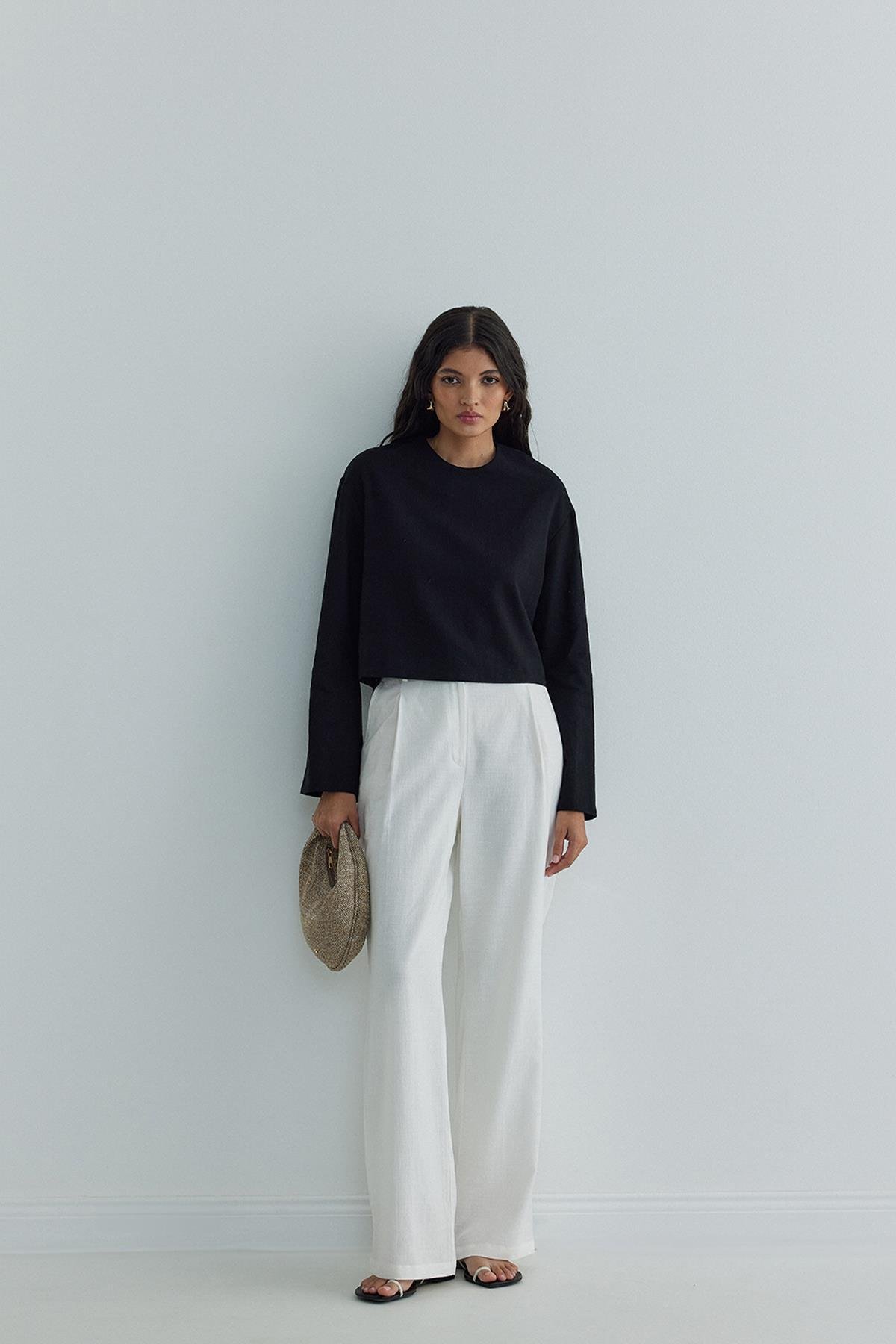 Siyah Mussel Crop Keten Bluz