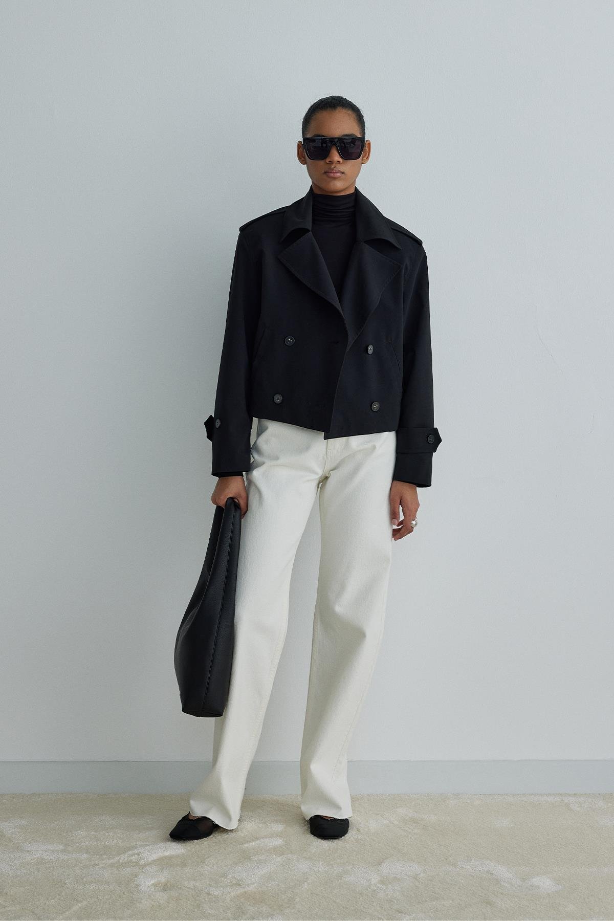 Black Petite Cropped Bomber Trench