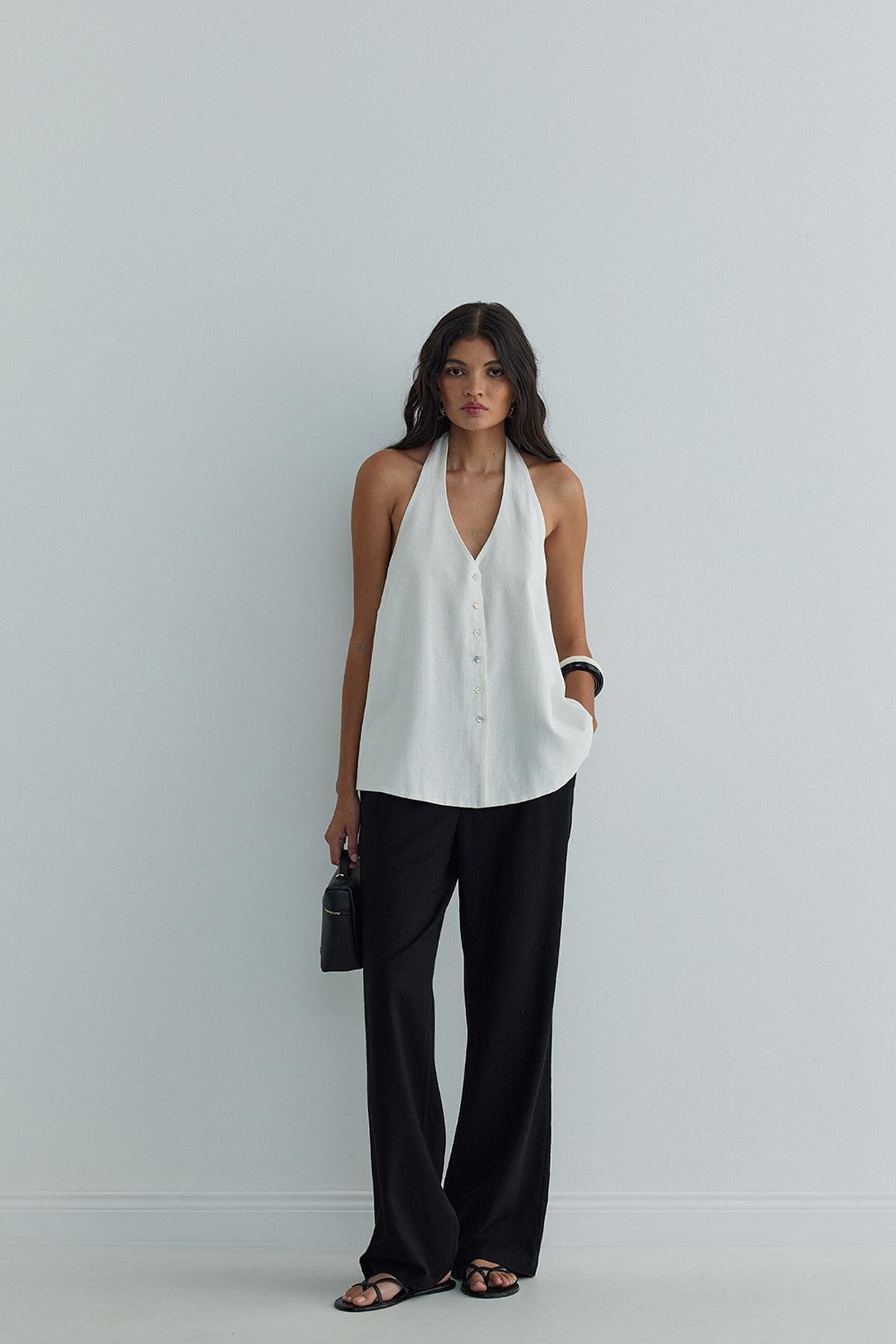 Siyah Portofino Keten Pantolon