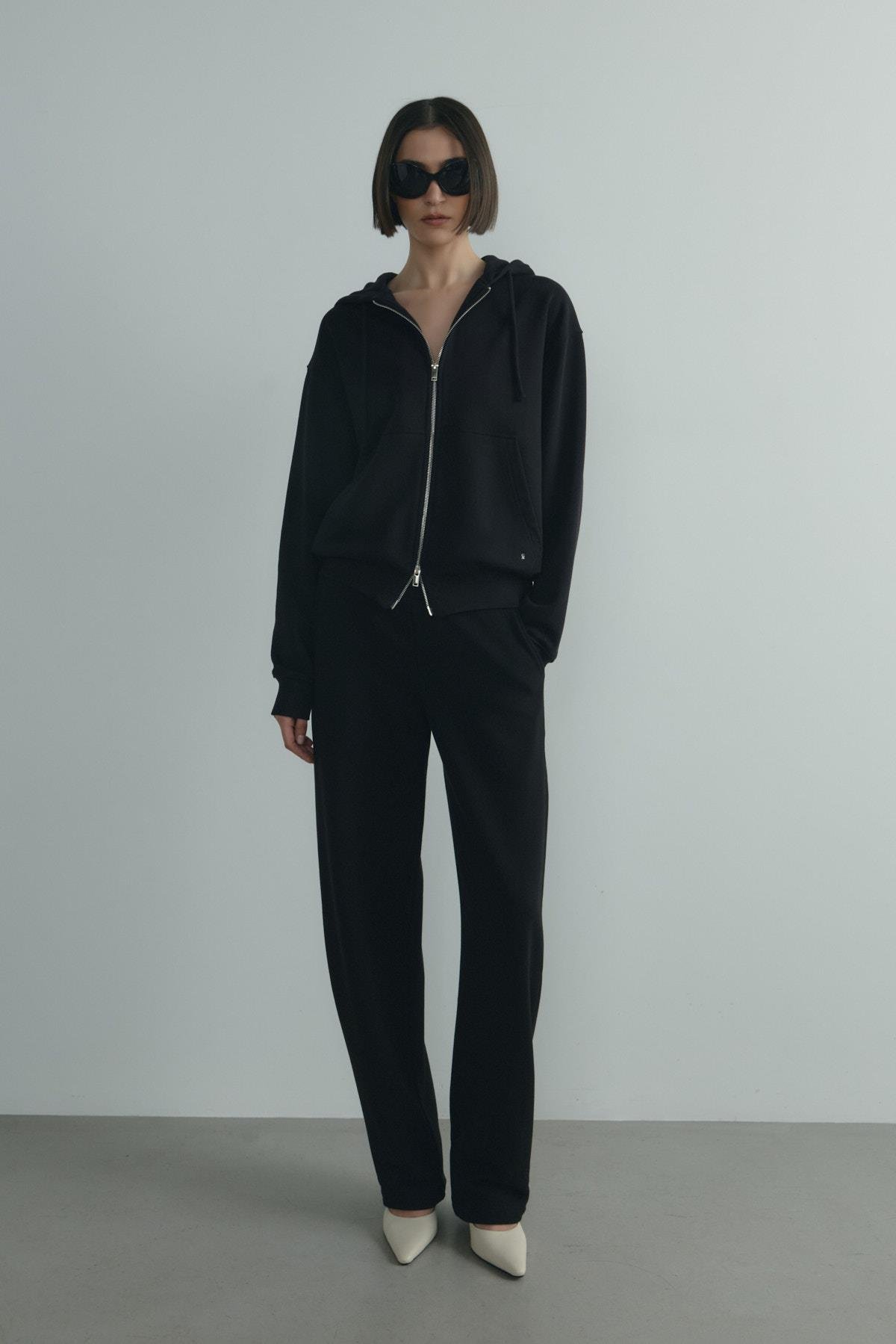 Siyah Salted Oversize Fermuarlı Hırka