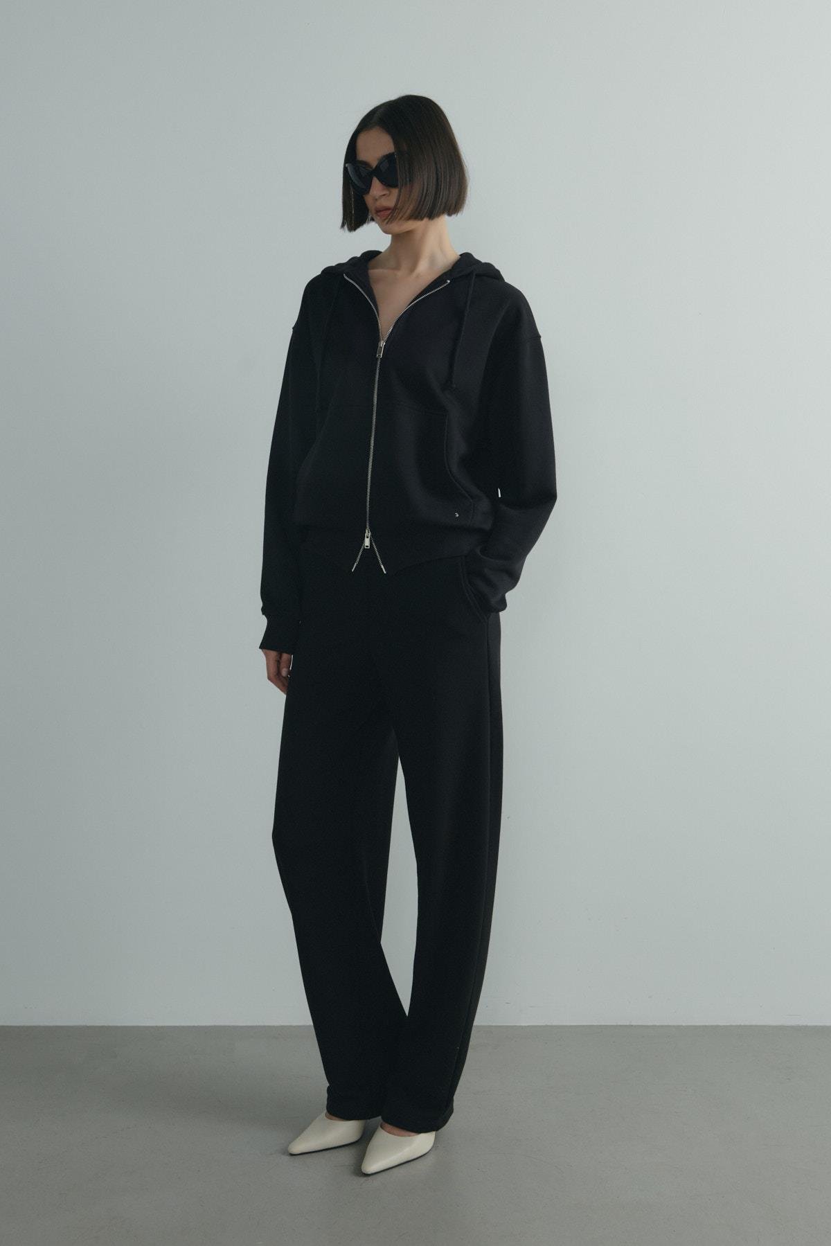 Siyah Salted Oversize Fermuarlı Hırka