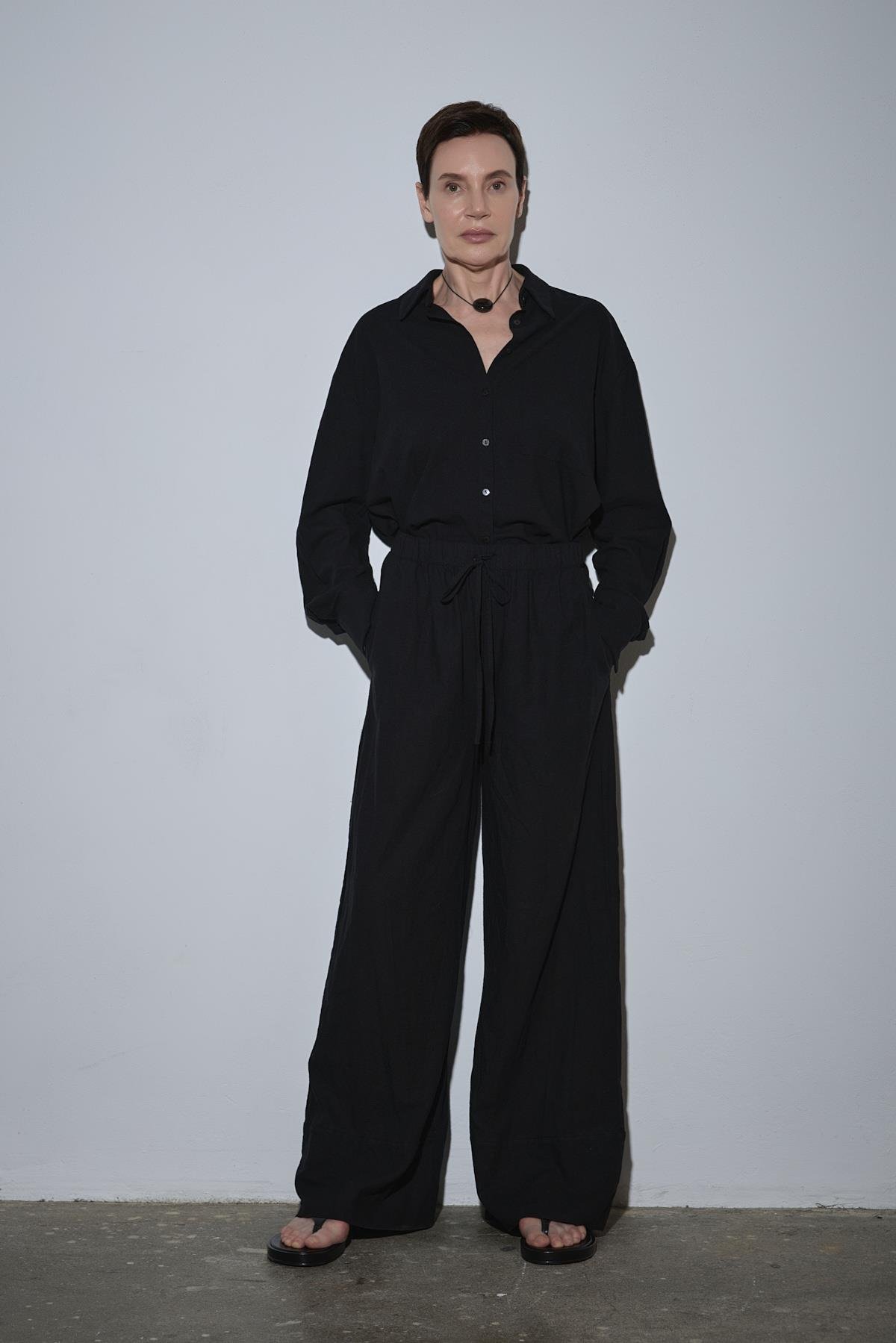 Siyah Serin Palazzo Keten Pantolon