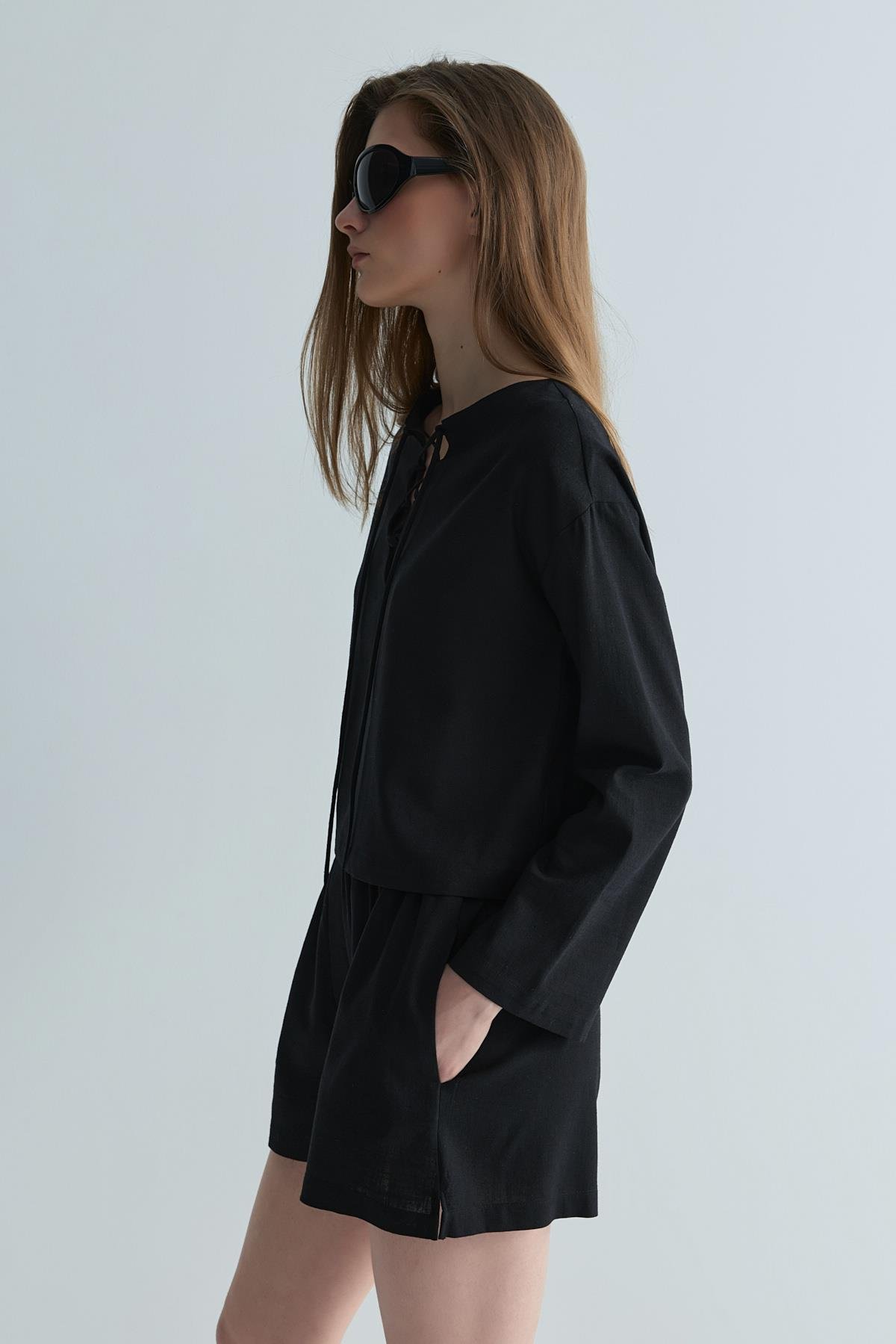 Siyah Zoe Basic Keten Şort