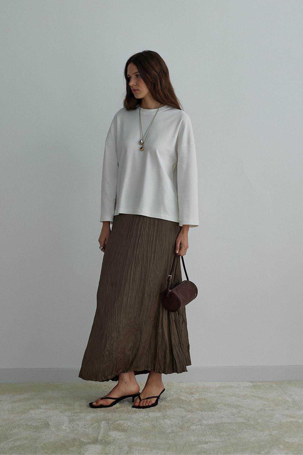 Yağ Yeşili Kırışık Pilili Maxi Etek