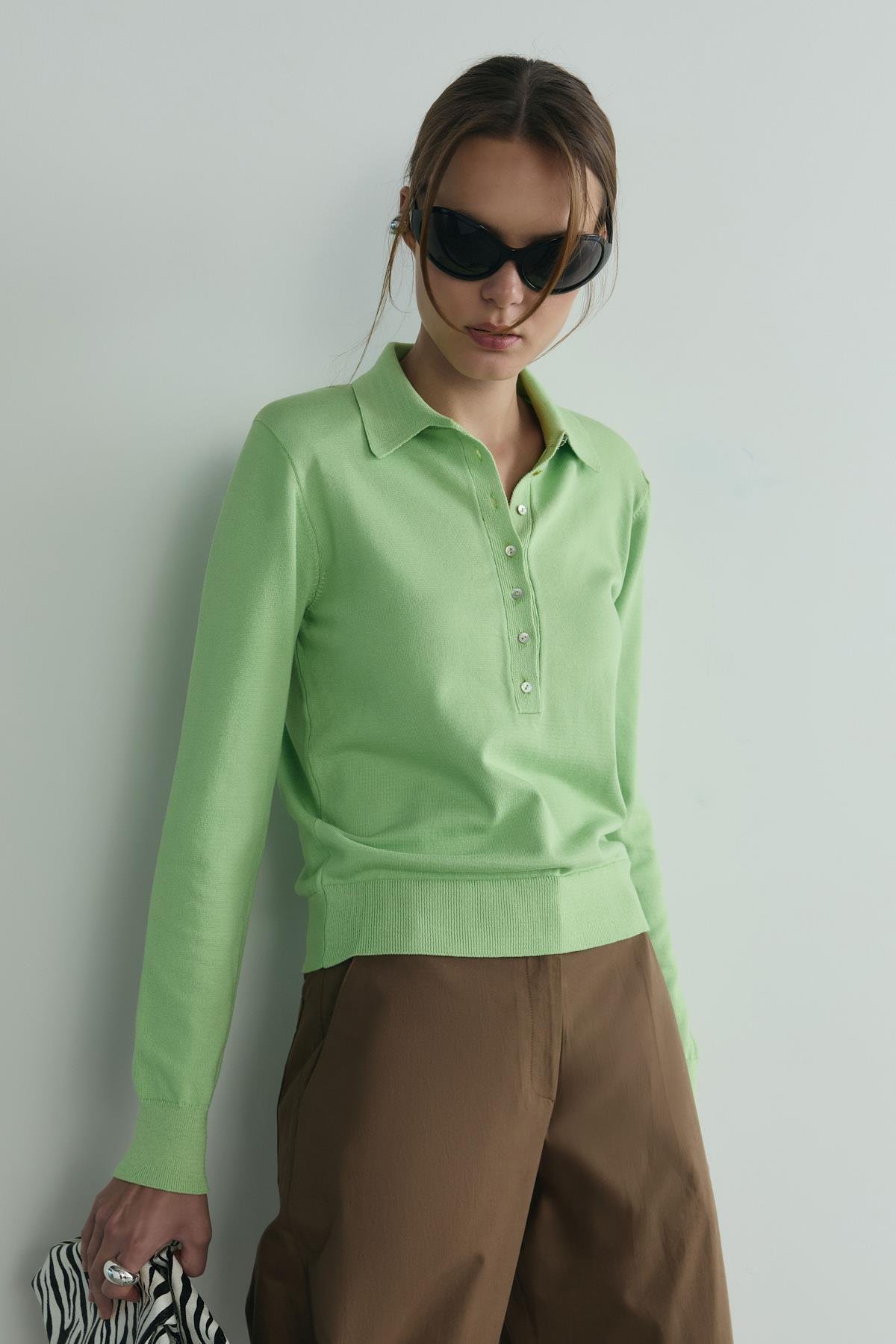 Yeşil Carter Polo Yaka Triko Kazak