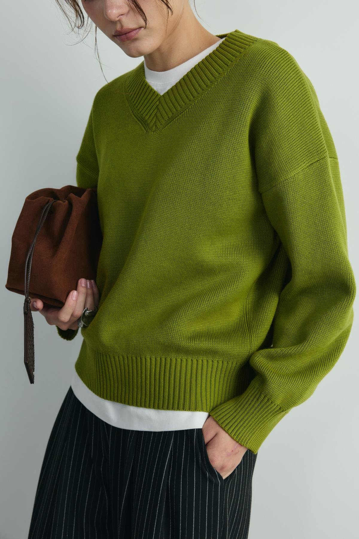 Yeşil Fade V Yaka Kazak