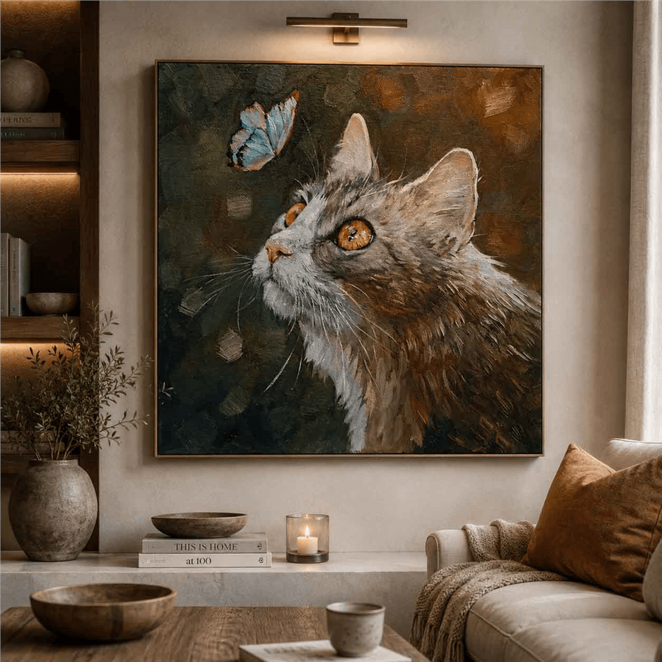 KELEBEK VE TEKİR KEDİ YAĞLI BOYA DOKULU TABLO ürününe, Yağlı Boya Dokulu Tablolar kategorisinden hemen satın alabilirsiniz.