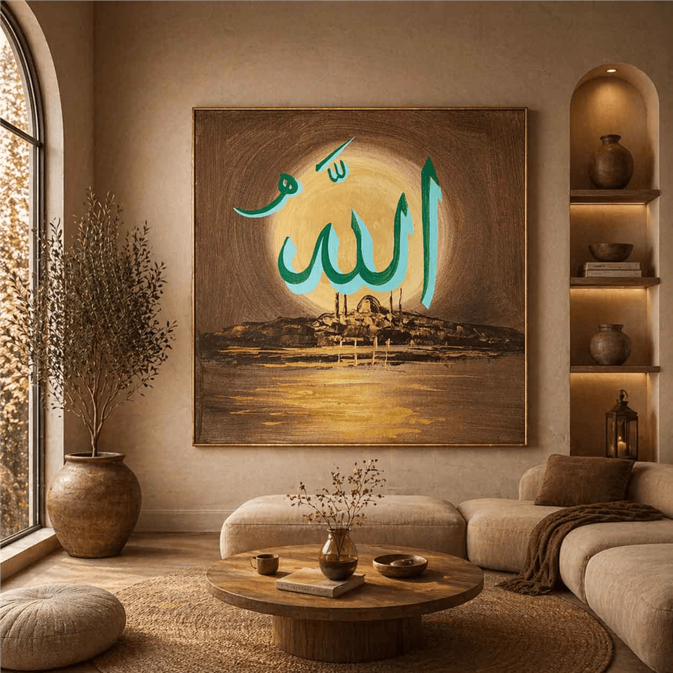 SARI VE BORDO TEMALI CAMİ MANZARASI VE ARAPÇA ALLAH YAZISI DİNİ ORİJİNAL YAĞLI BOYA TABLO ürününe, Yağlı Boya Tablolar kategorisinden hemen satın alabilirsiniz.