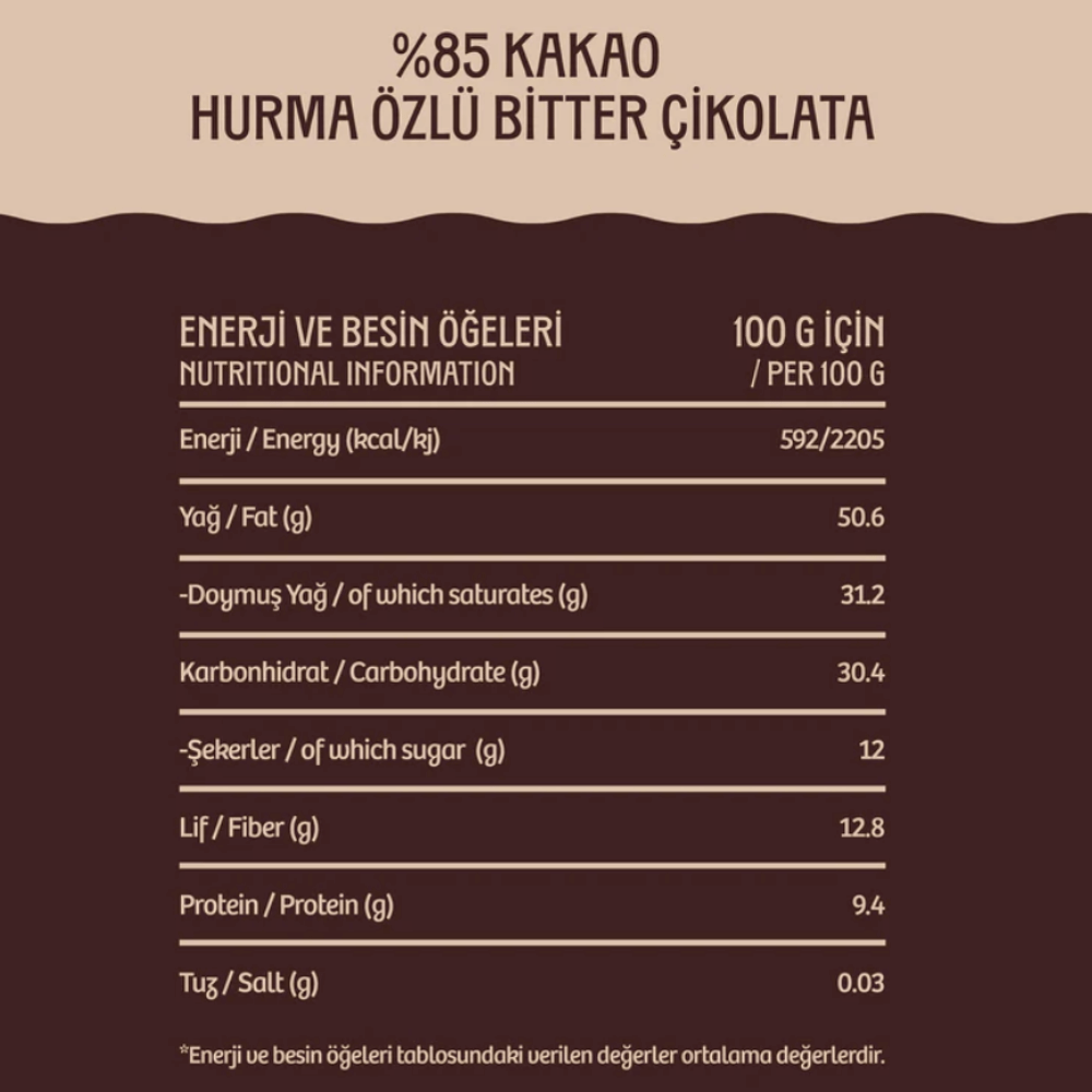 Aroha Şeker İlavesiz Hurma Özlü Bitter Çikolata - %85 KakaoŞekersiz Çikolatalar