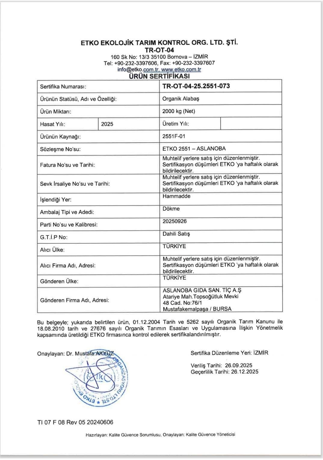 Organik Alabaş (Adet)