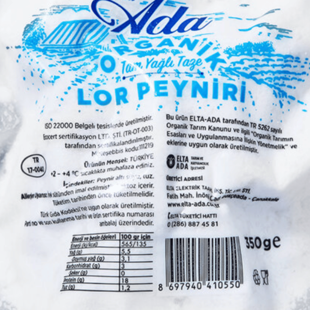 Organik Lor Peyniri 350gBebek Süt Ürünleri