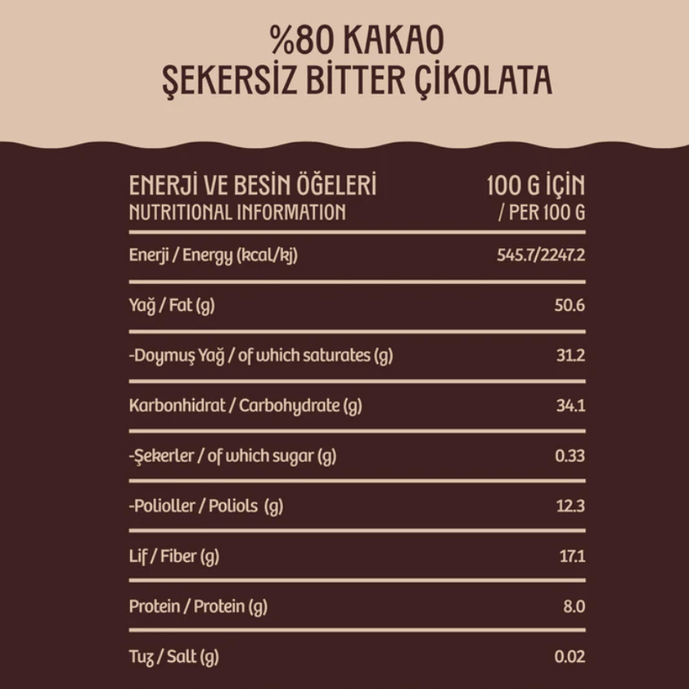 Şeker İlavesiz Stevialı %80 Bitter Çikolata (Ketojenik)Şekersiz Çikolatalar
